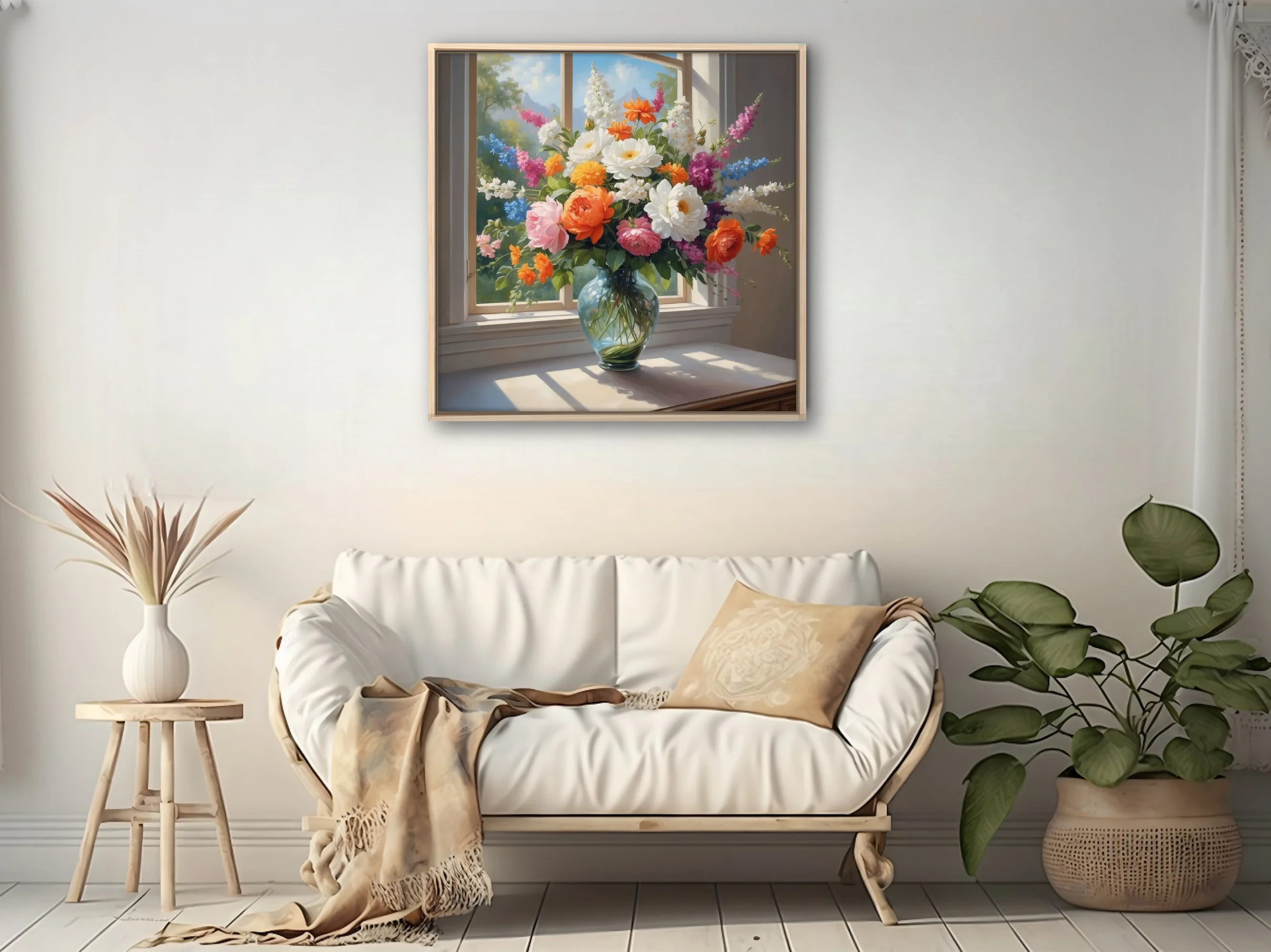 Old-master-style floral bouquet in glass vase, orange pink white blooms, sunlit window