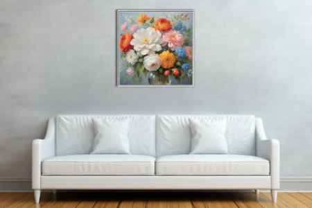 Floral still life with lush orange, white, and pink blooms in glass vase