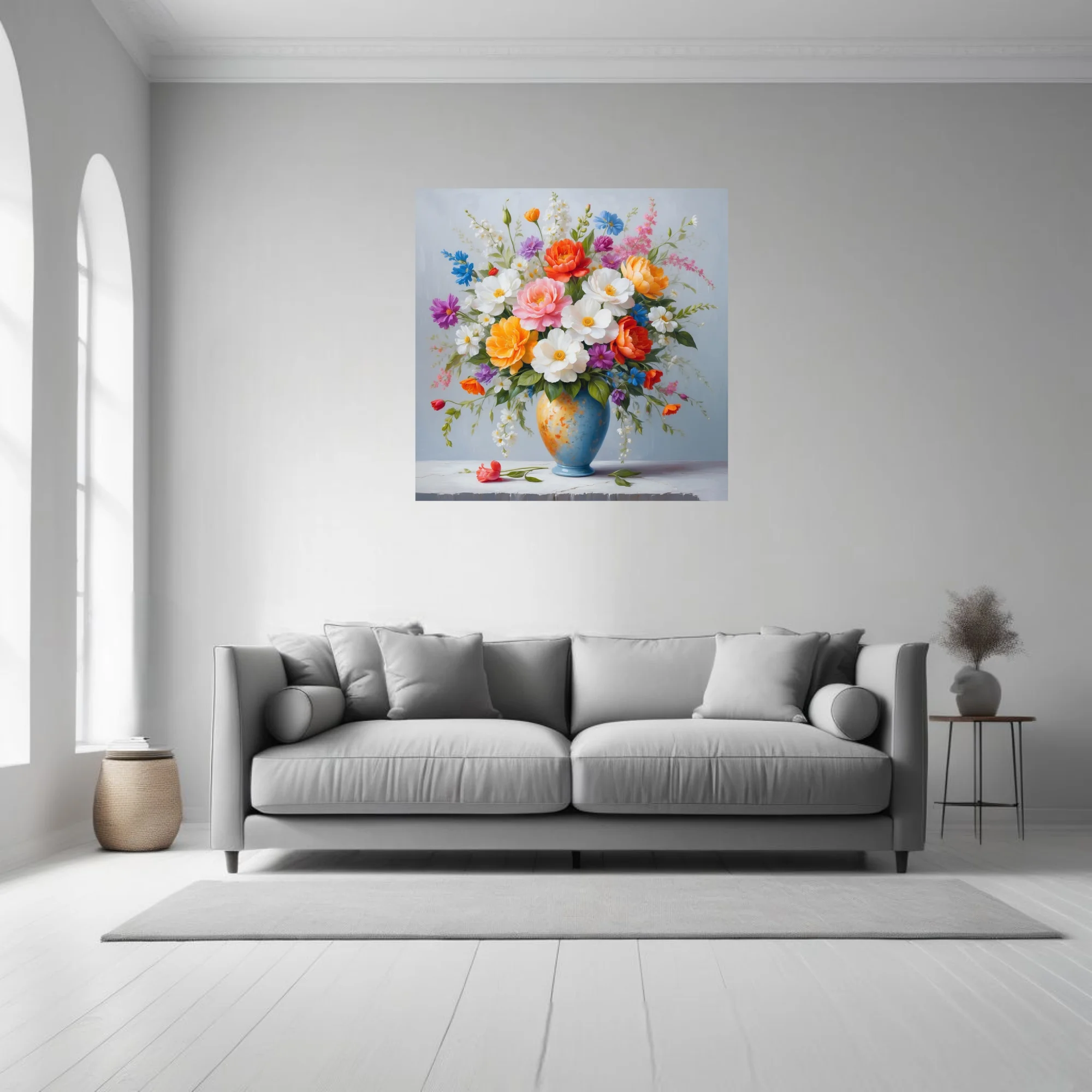 Colorful floral bouquet in blue vase, vibrant botanical still life