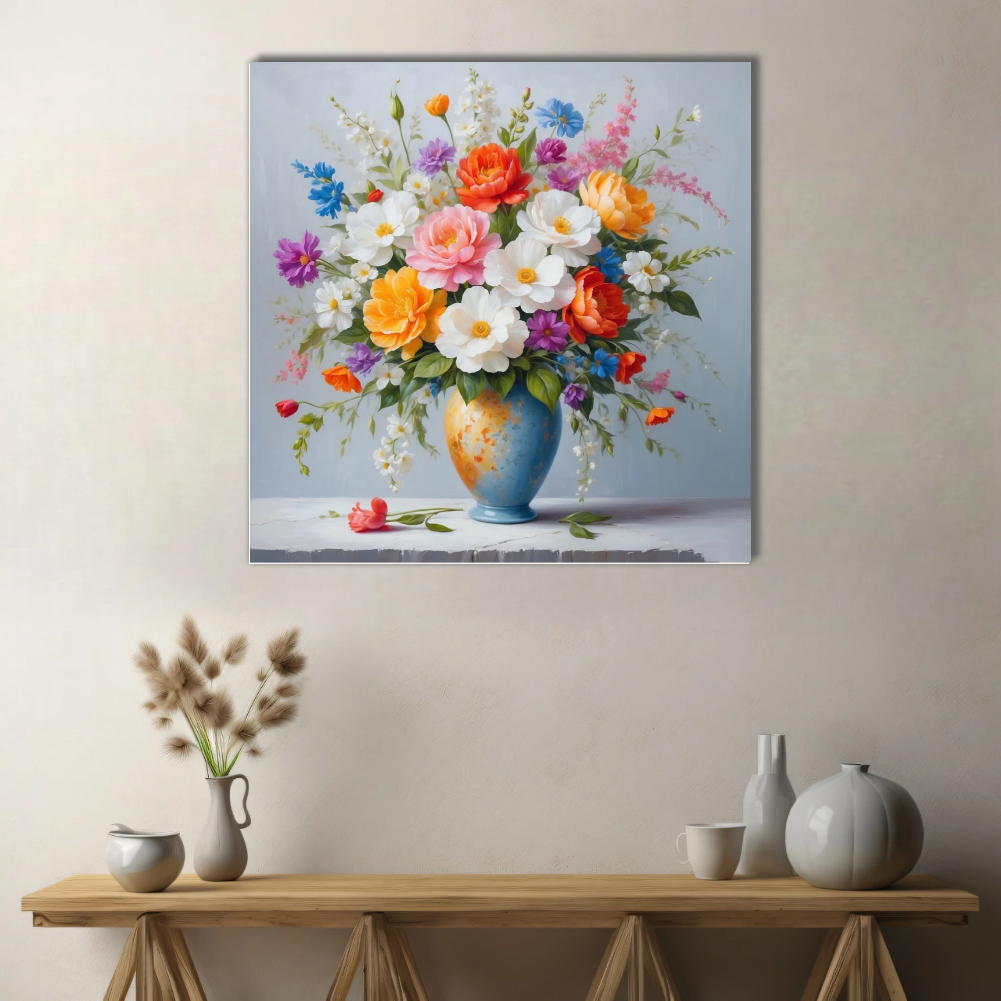 Colorful floral bouquet in blue vase, vibrant botanical still life