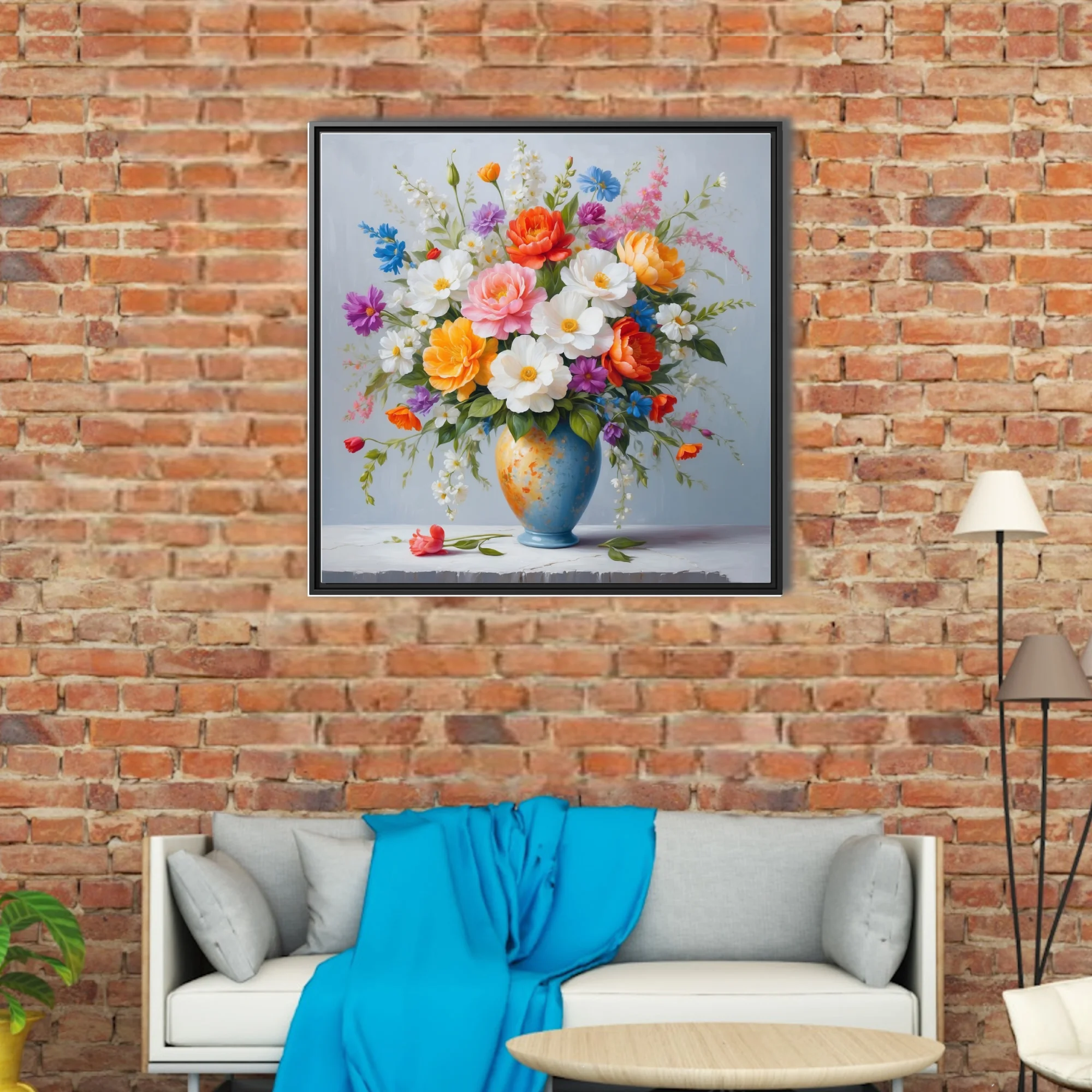 Colorful floral bouquet in blue vase, vibrant botanical still life