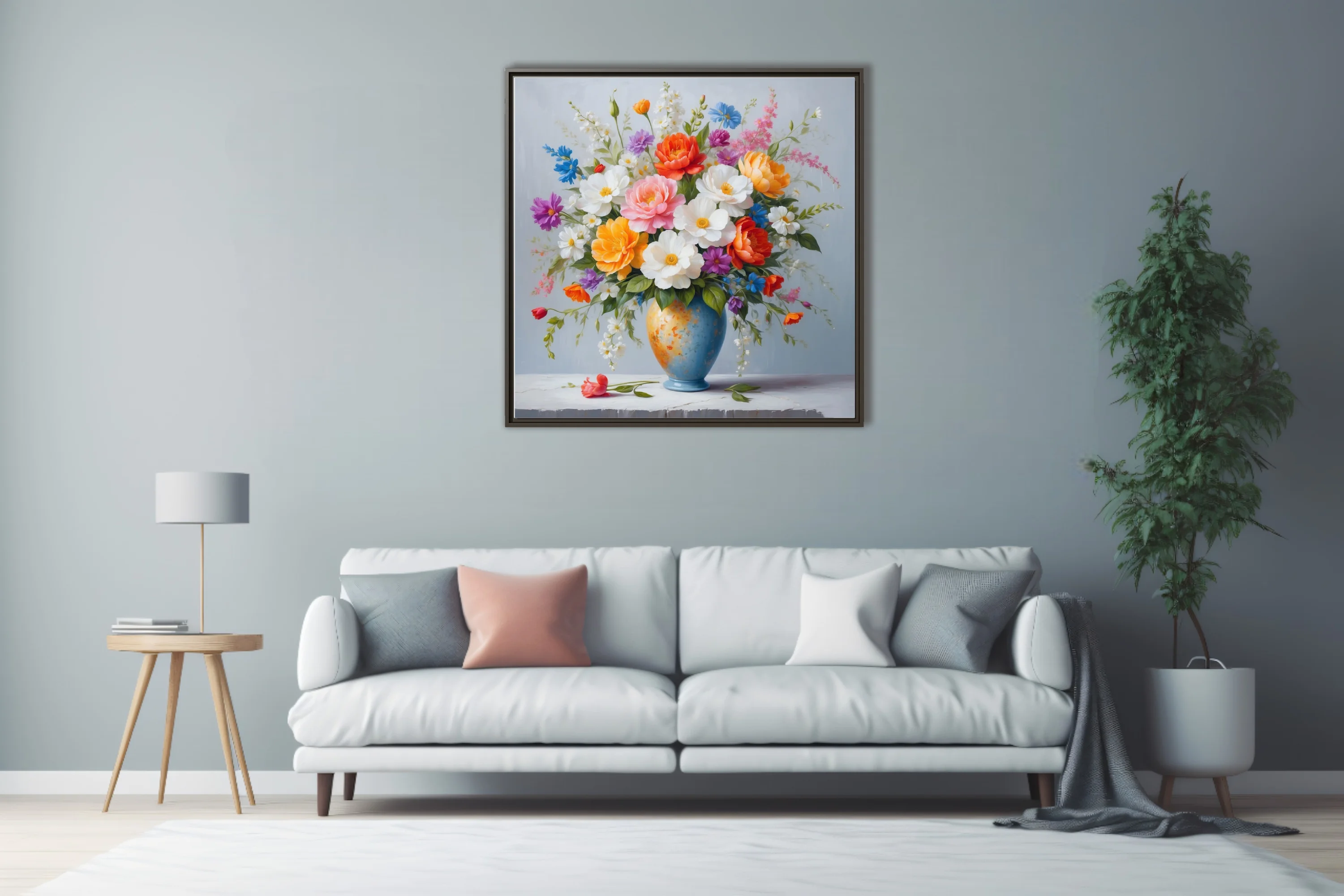 Colorful floral bouquet in blue vase, vibrant botanical still life