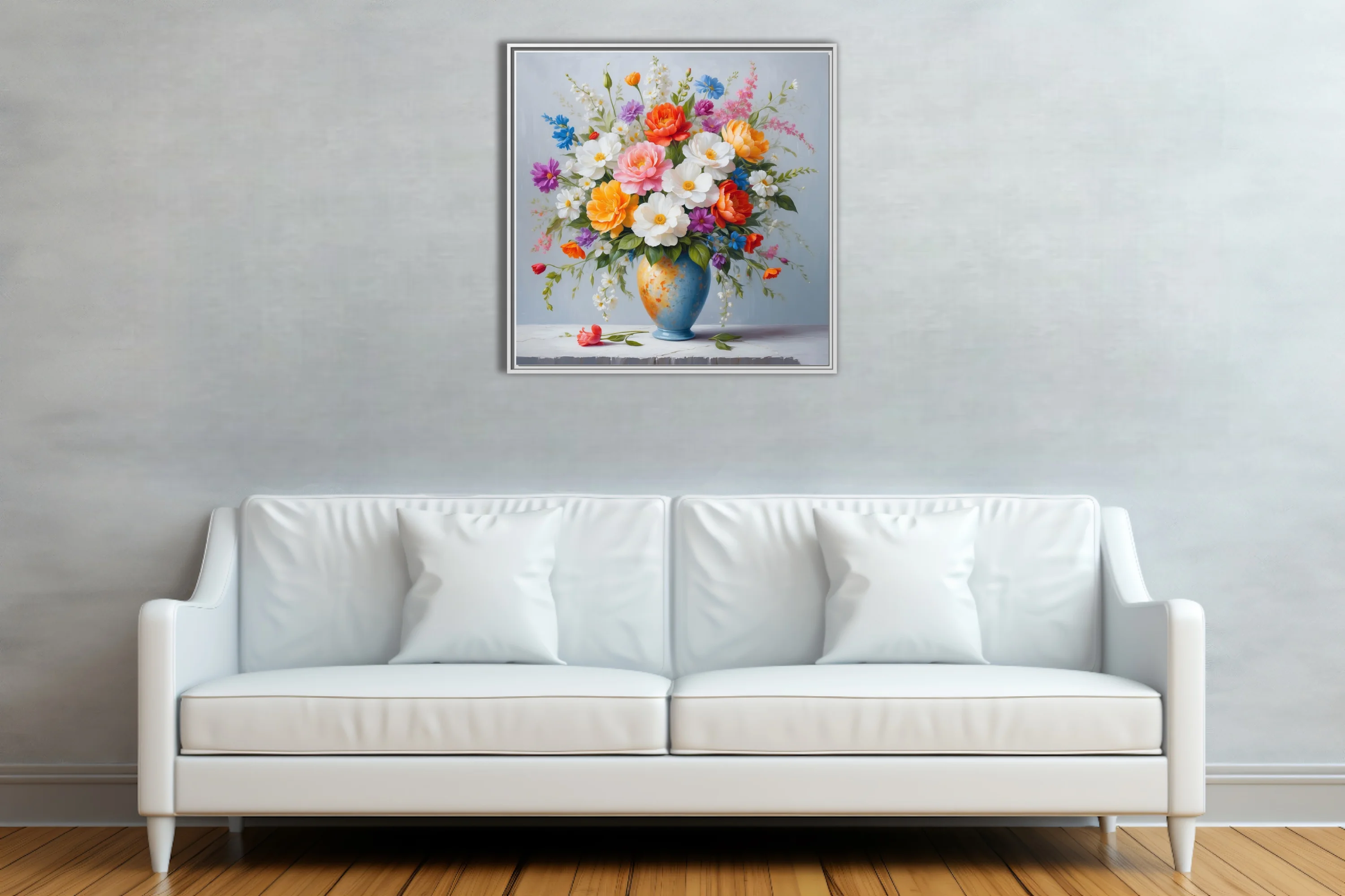 Colorful floral bouquet in blue vase, vibrant botanical still life