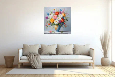 Colorful floral bouquet in blue vase, vibrant botanical still life