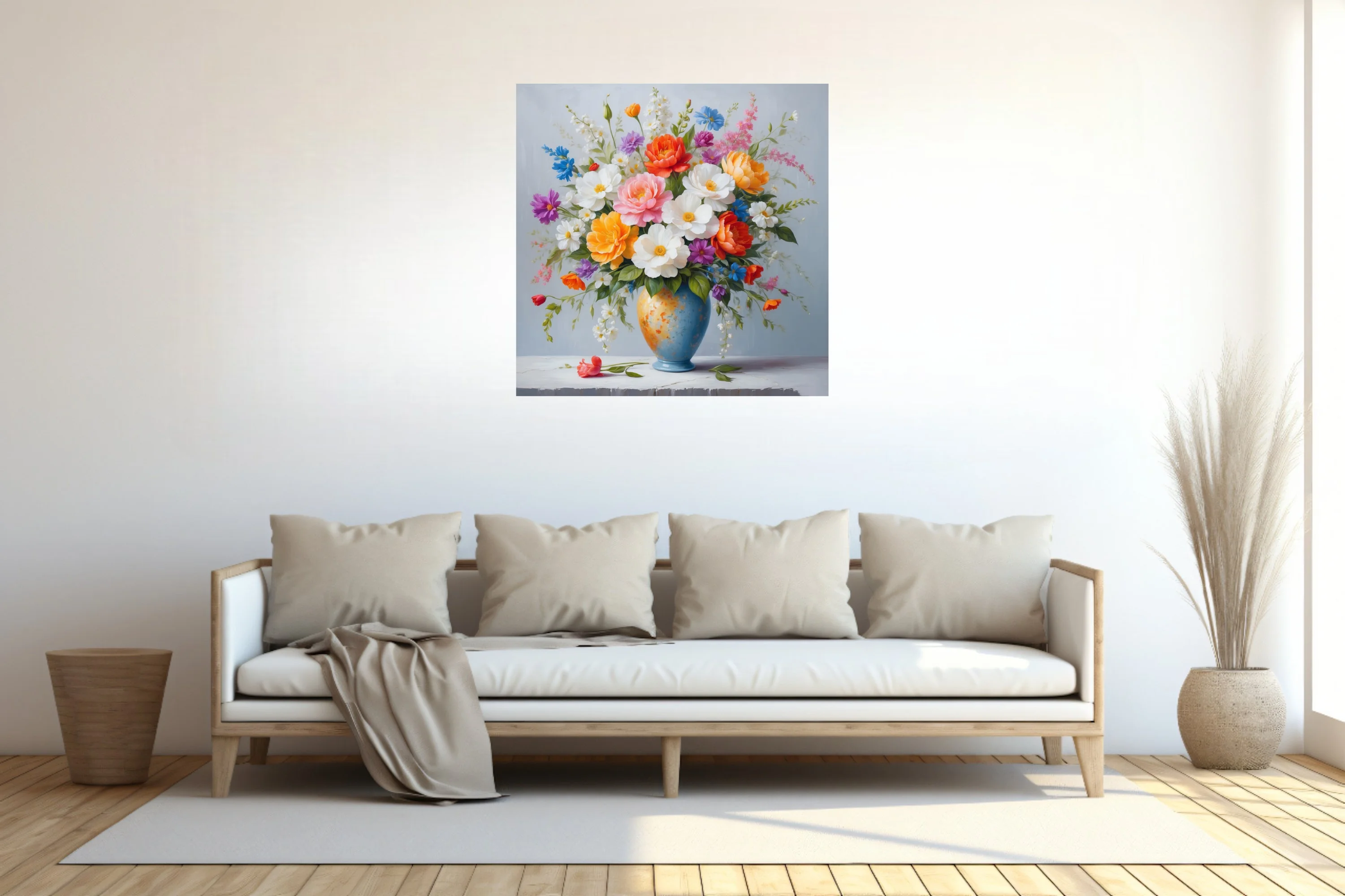 Colorful floral bouquet in blue vase, vibrant botanical still life