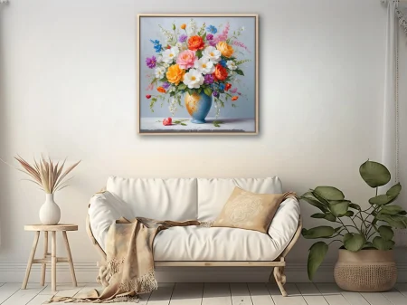 Colorful floral bouquet in blue vase, vibrant botanical still life
