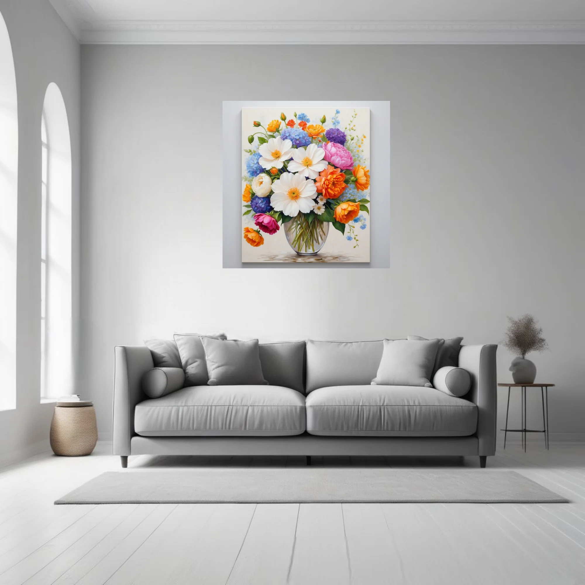 Floral bouquet painting, vivid mixed blooms in glass vase, bright spring palette