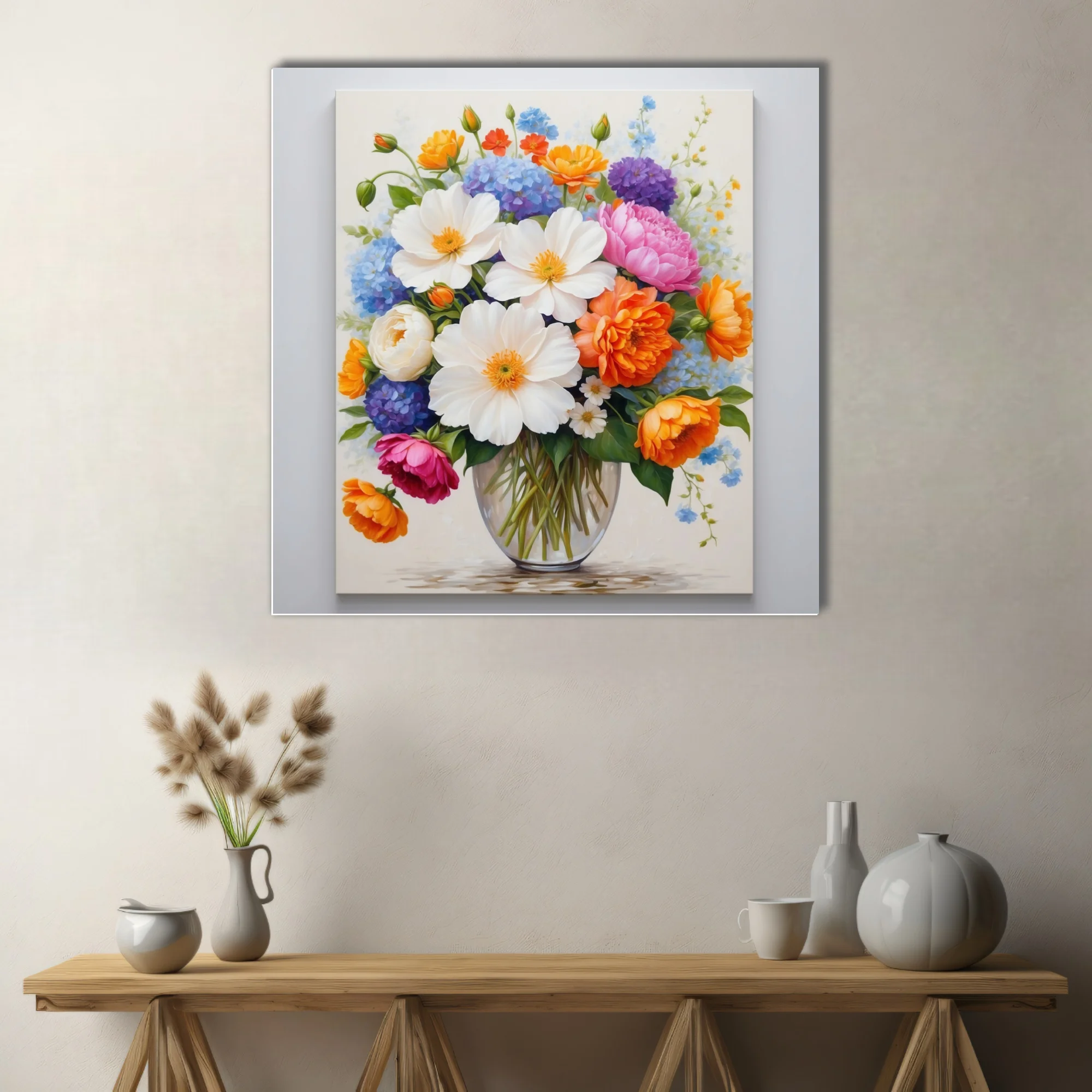 Floral bouquet painting, vivid mixed blooms in glass vase, bright spring palette