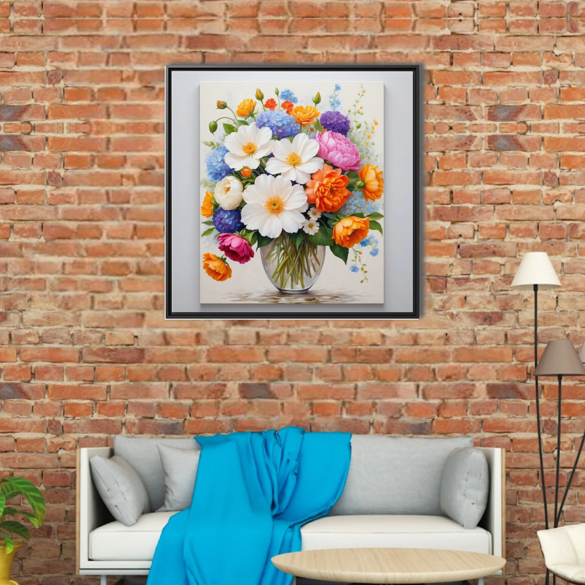 Floral bouquet painting, vivid mixed blooms in glass vase, bright spring palette