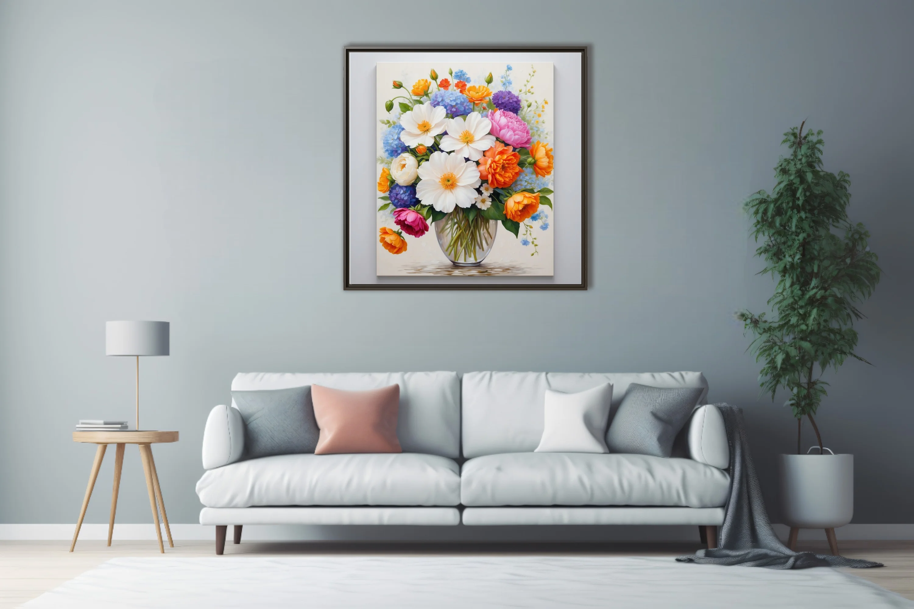 Floral bouquet painting, vivid mixed blooms in glass vase, bright spring palette