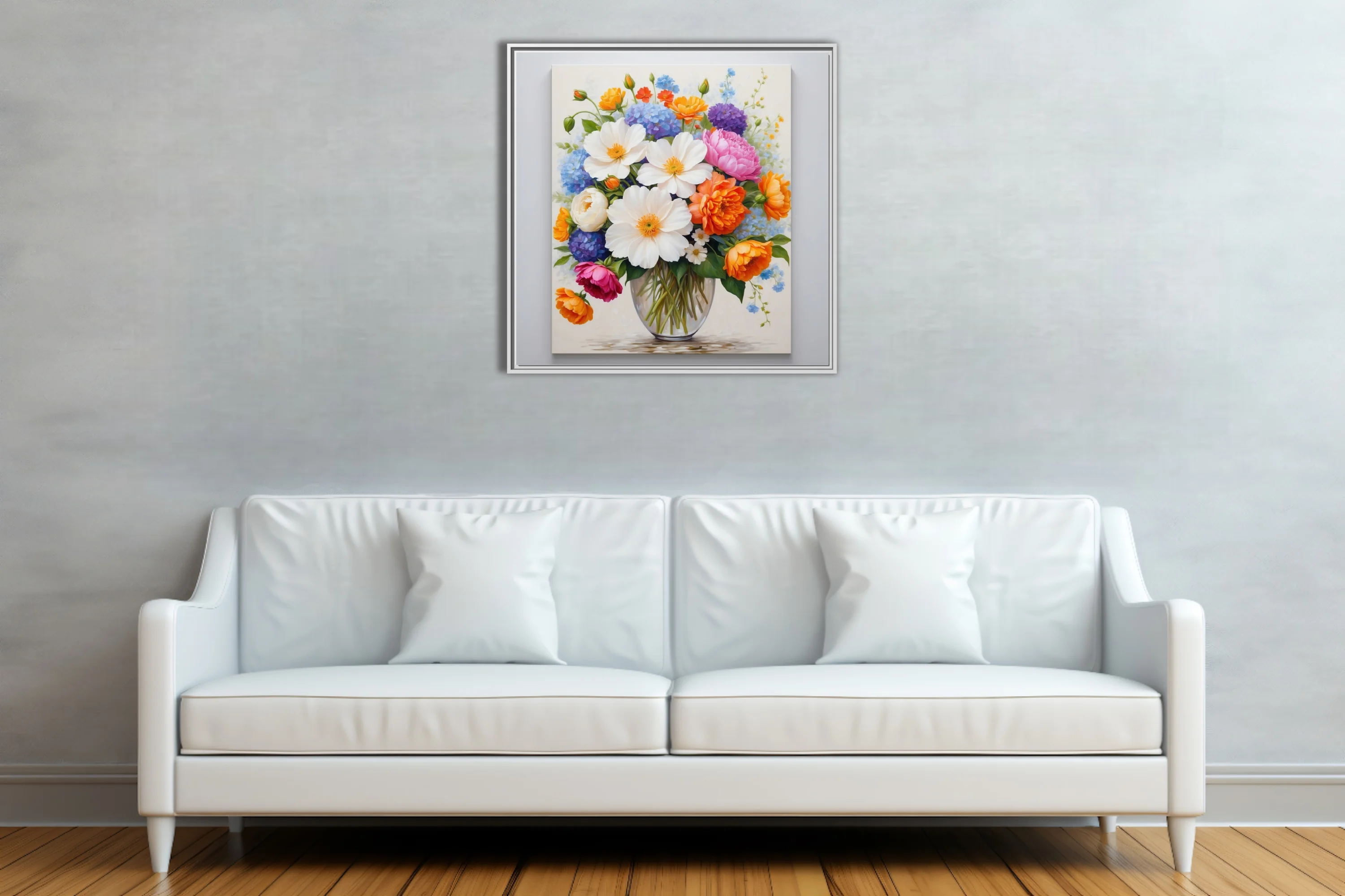 Floral bouquet painting, vivid mixed blooms in glass vase, bright spring palette
