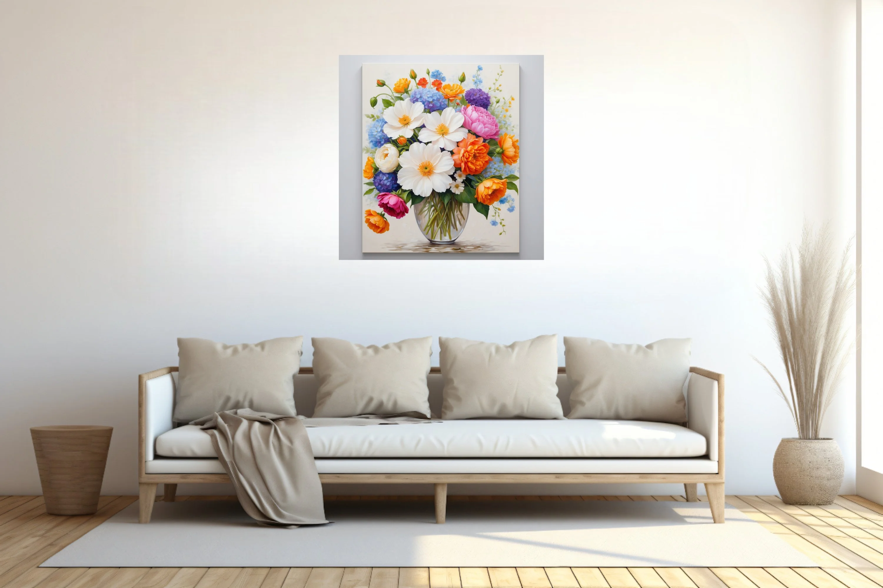 Floral bouquet painting, vivid mixed blooms in glass vase, bright spring palette