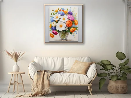 Floral bouquet painting, vivid mixed blooms in glass vase, bright spring palette