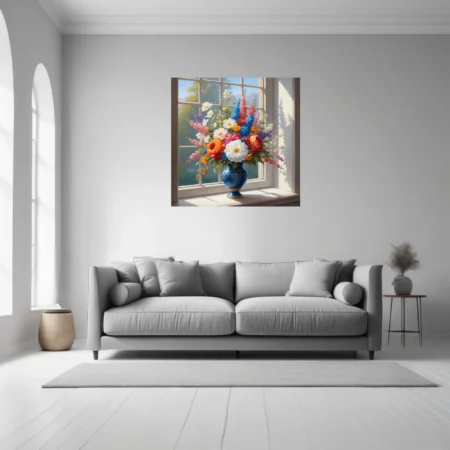Mixed floral bouquet in blue vase by sunlit window, vibrant classic palette