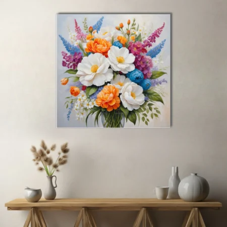 Floral bouquet with white peonies, orange blooms, and colorful mixed flowers in a vase