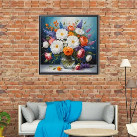 Floral bouquet in glass vase, white dahlias orange roses violet accents