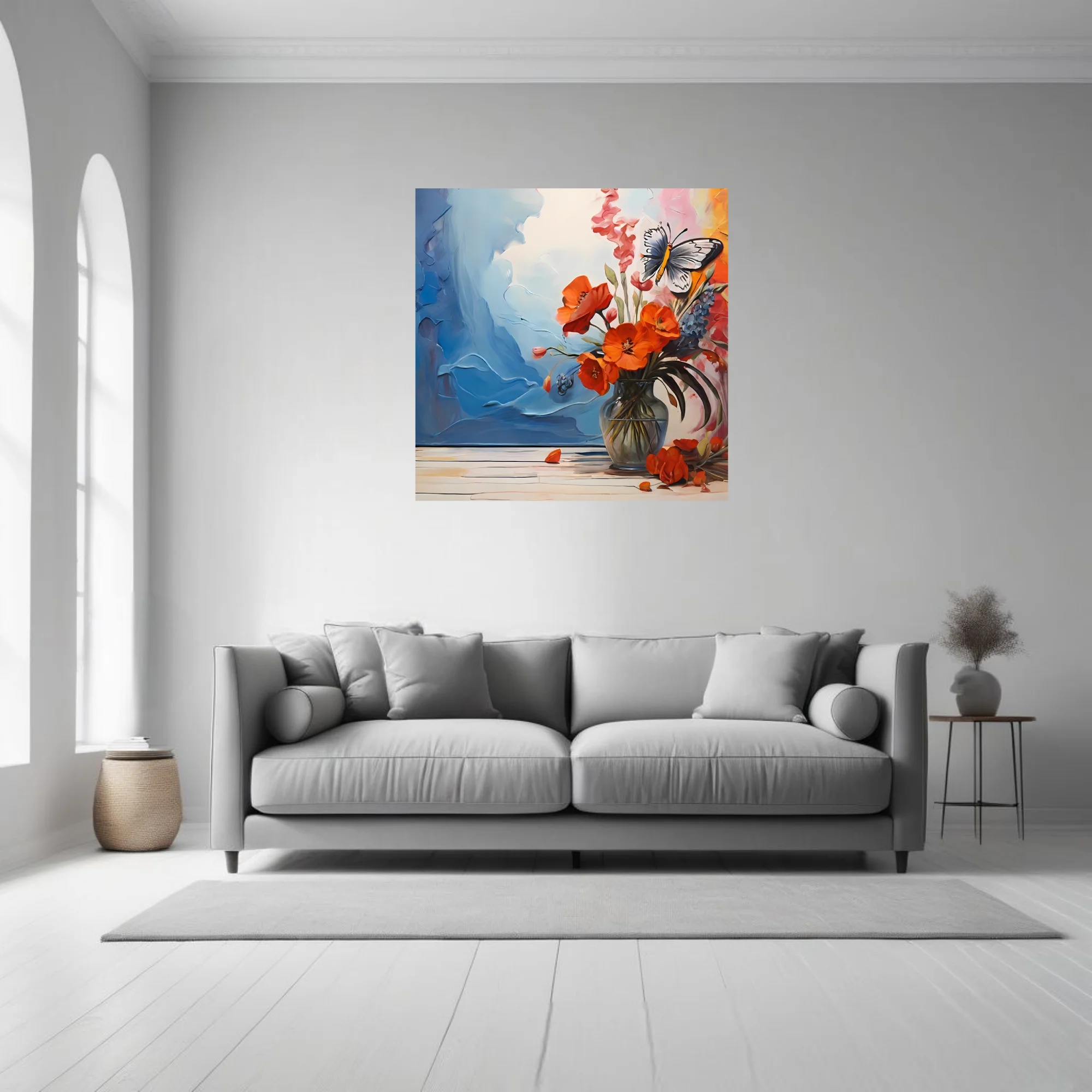 Floral still life with orange blooms, blue abstract washes, and butterfly accent