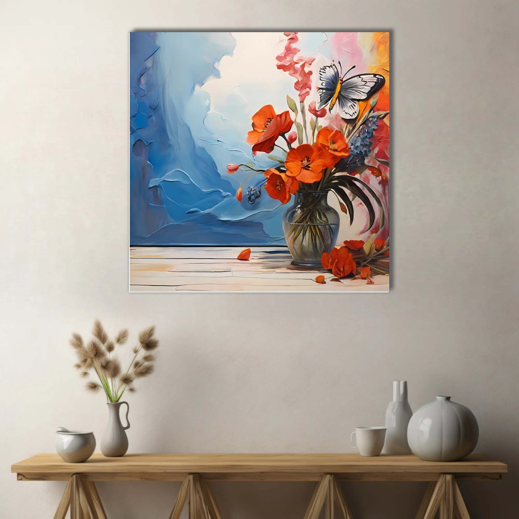 Floral still life with orange blooms, blue abstract washes, and butterfly accent