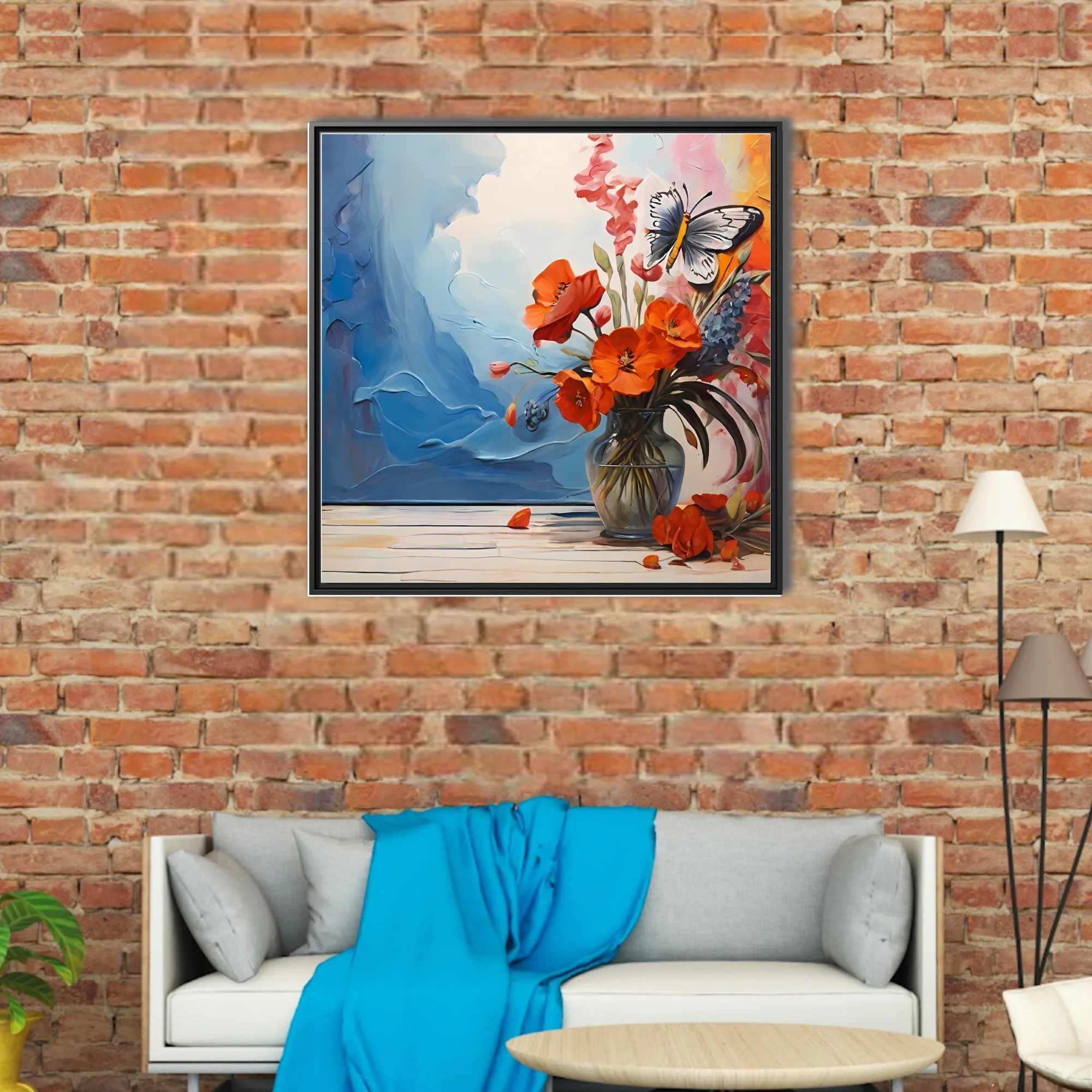Floral still life with orange blooms, blue abstract washes, and butterfly accent
