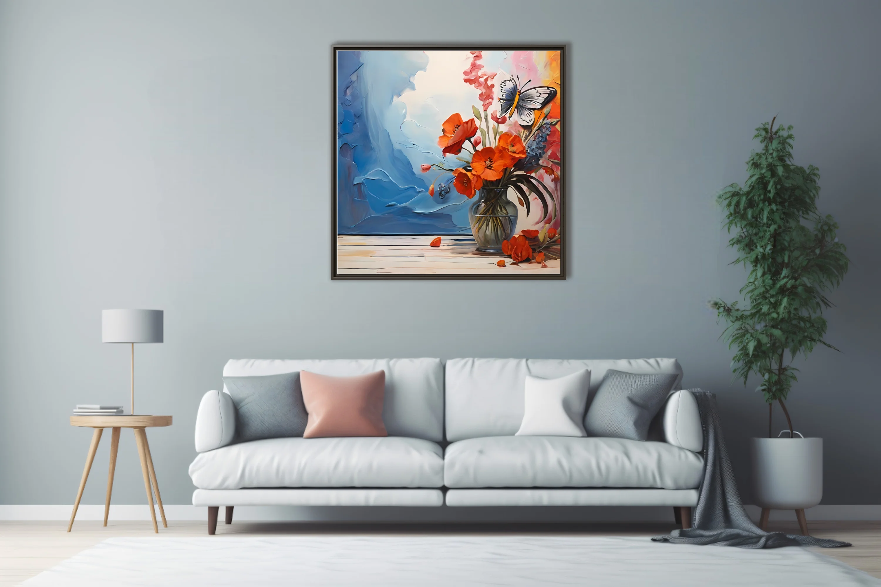 Floral still life with orange blooms, blue abstract washes, and butterfly accent
