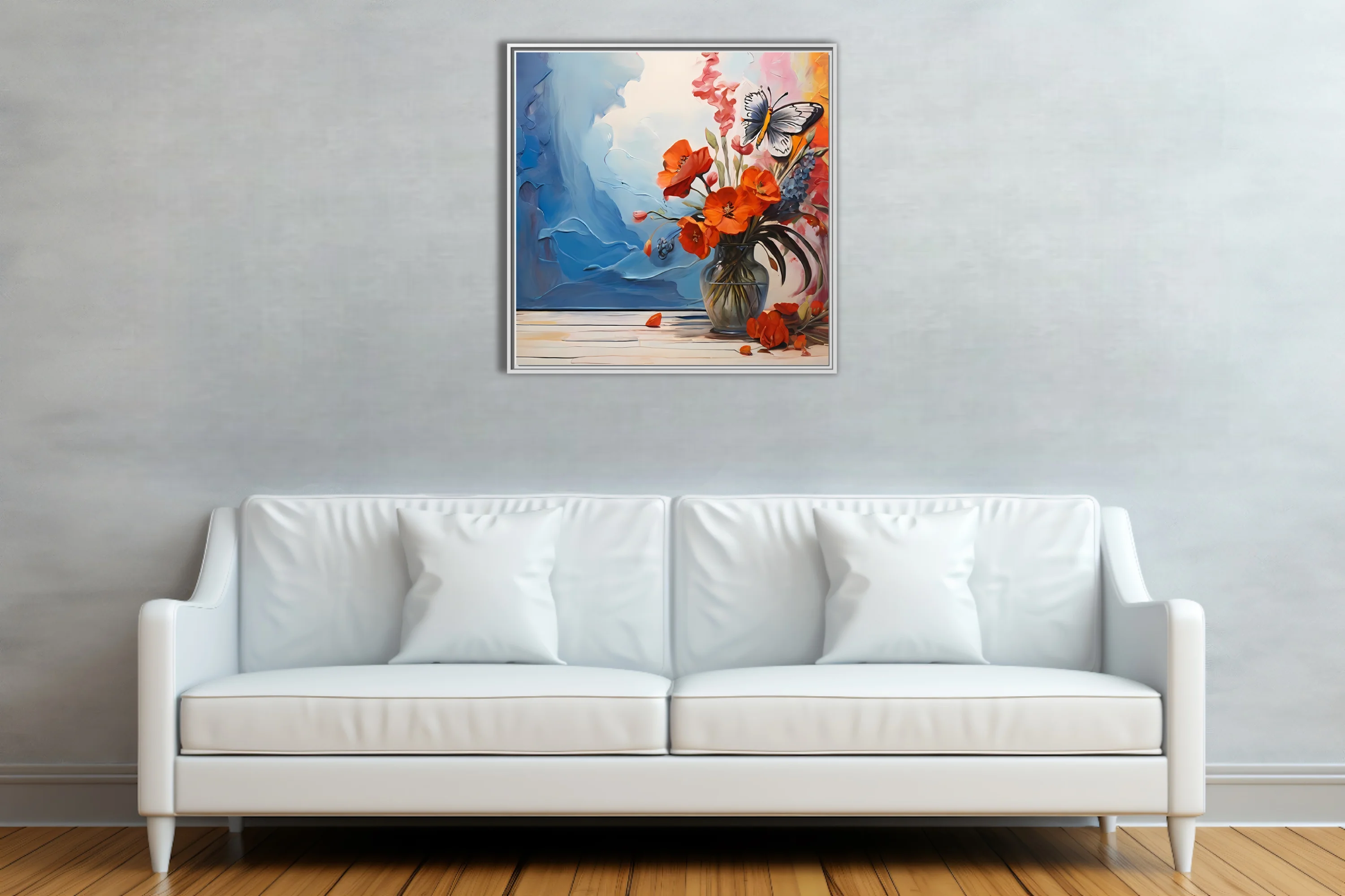Floral still life with orange blooms, blue abstract washes, and butterfly accent