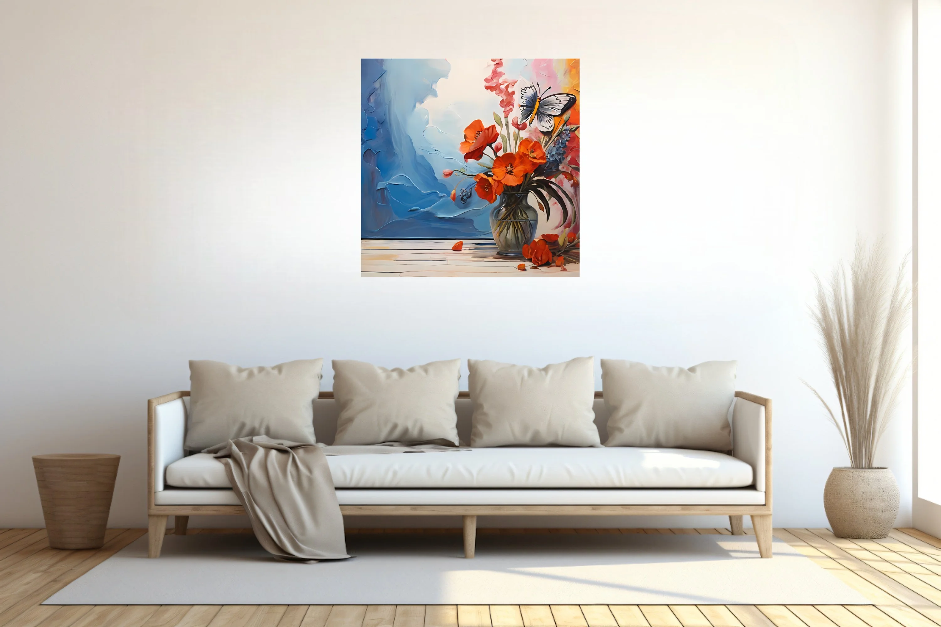 Floral still life with orange blooms, blue abstract washes, and butterfly accent