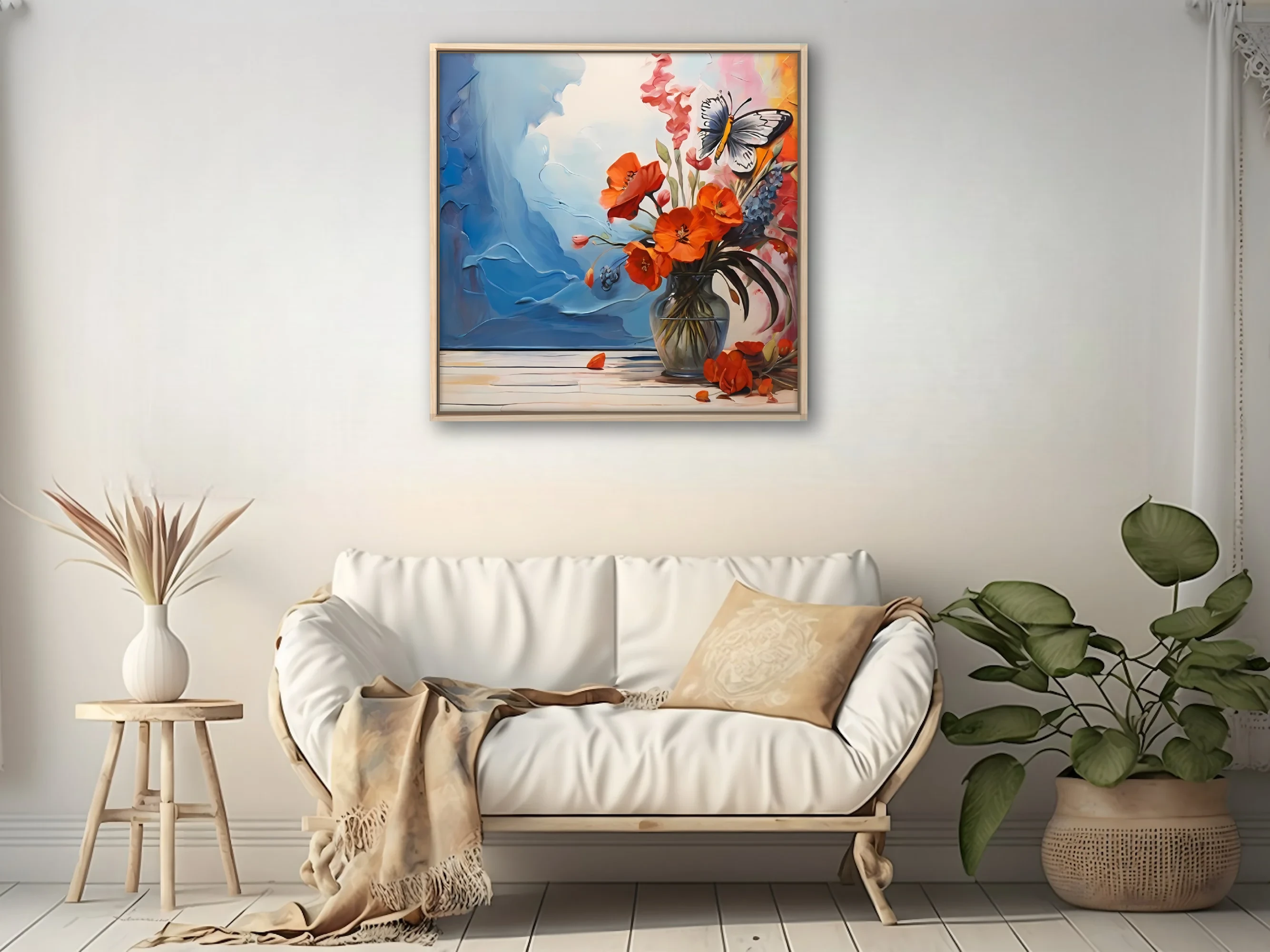 Floral still life with orange blooms, blue abstract washes, and butterfly accent