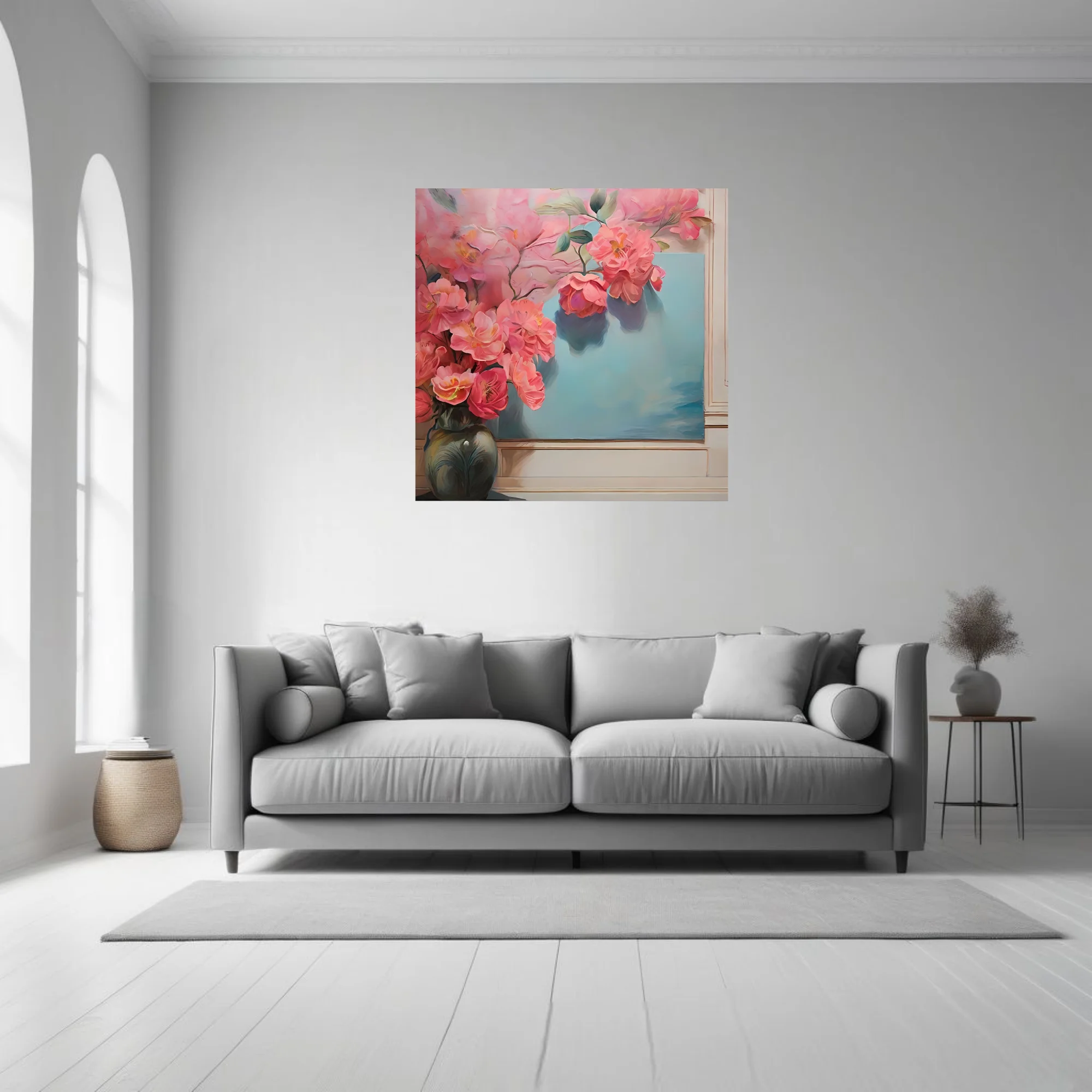Pink floral still life with coral blooms and soft blue background