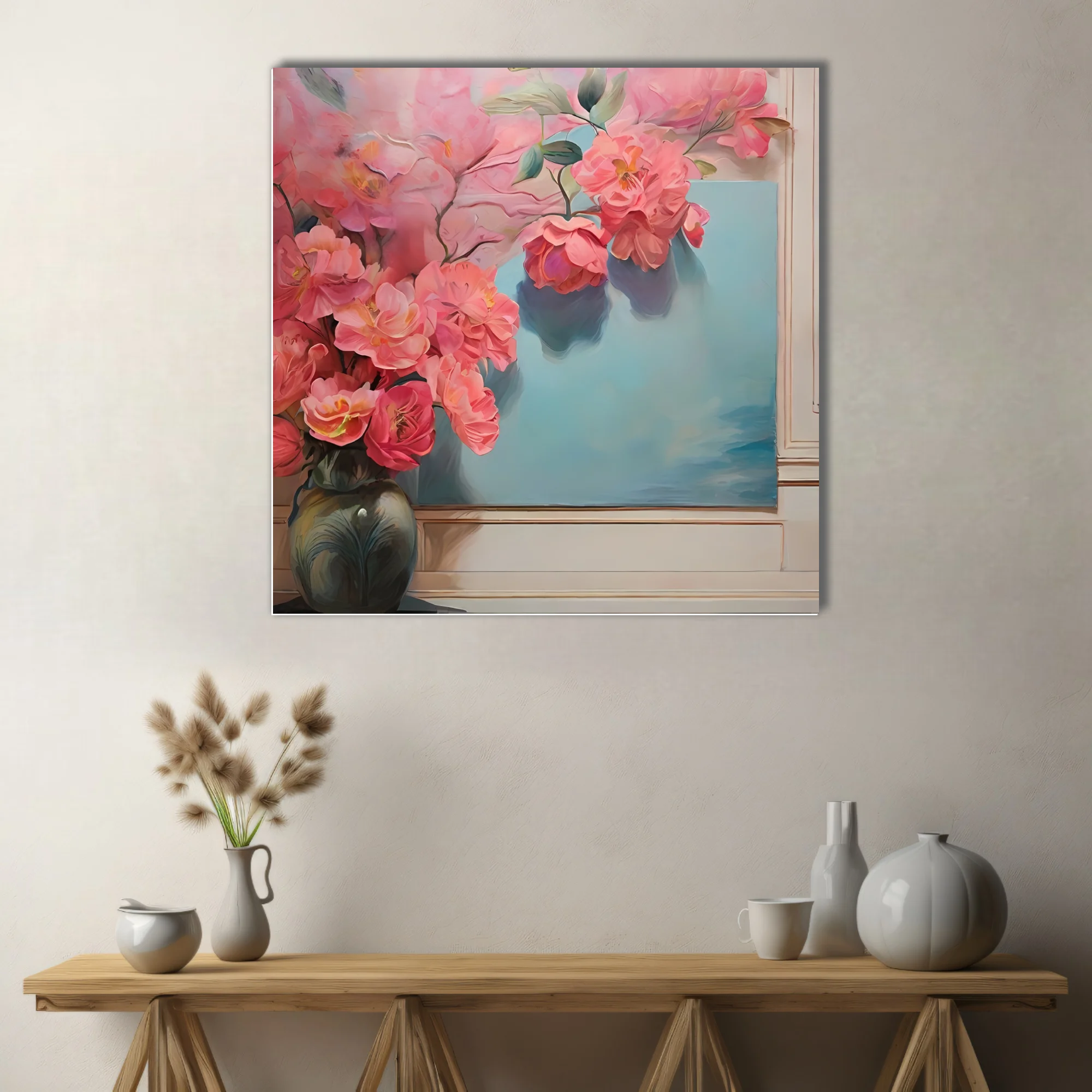 Pink floral still life with coral blooms and soft blue background