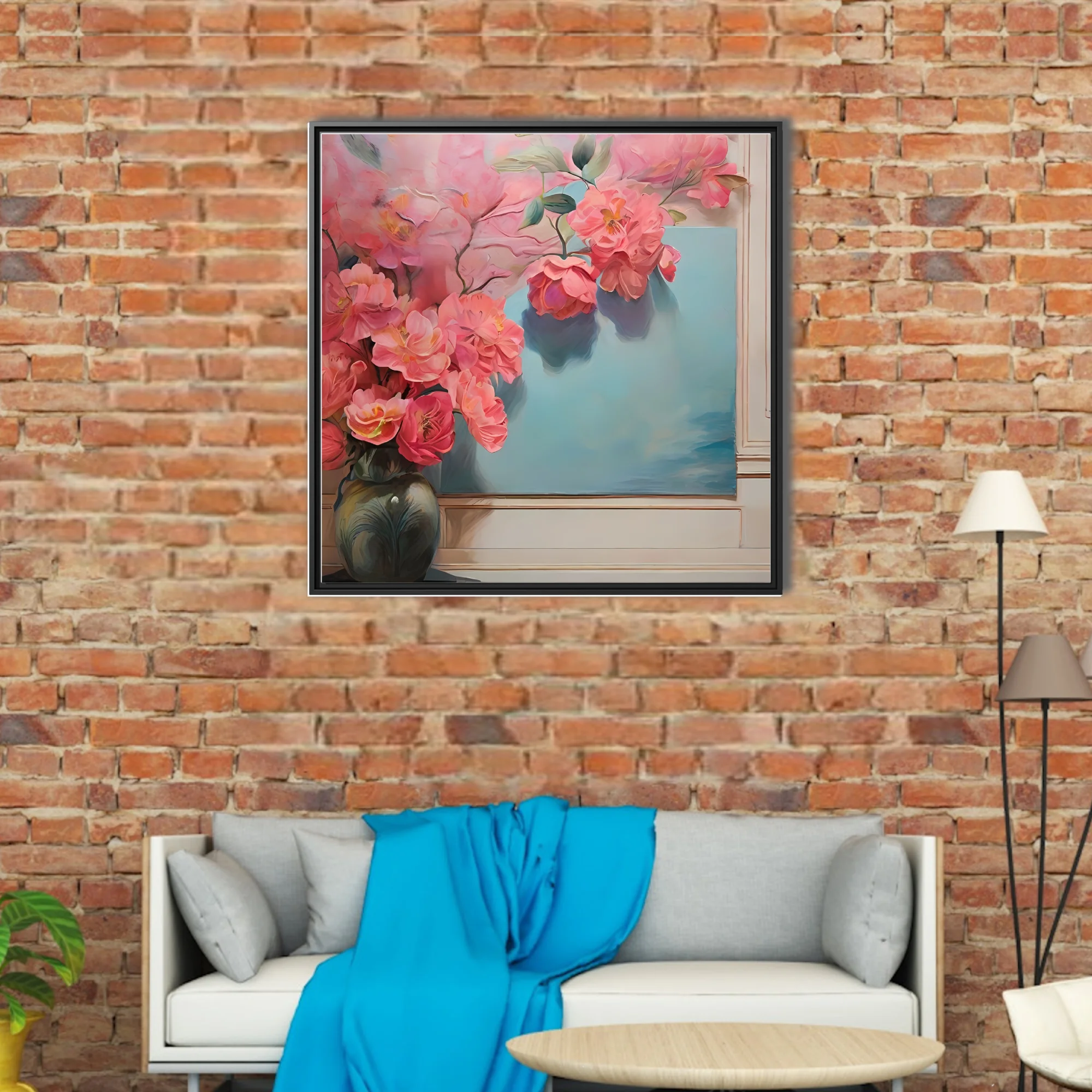 Pink floral still life with coral blooms and soft blue background
