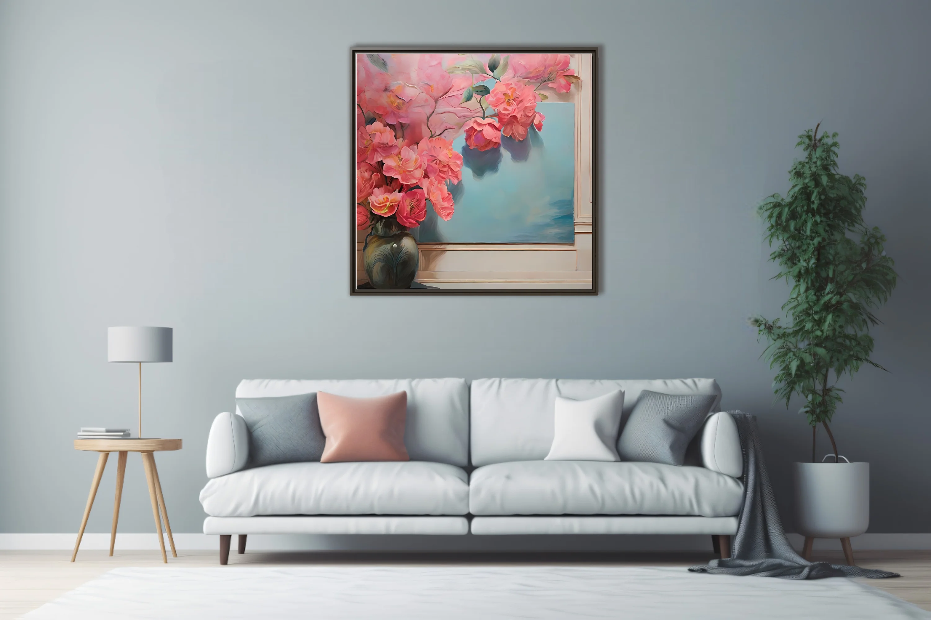 Pink floral still life with coral blooms and soft blue background