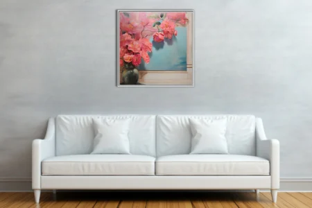 Pink floral still life with coral blooms and soft blue background