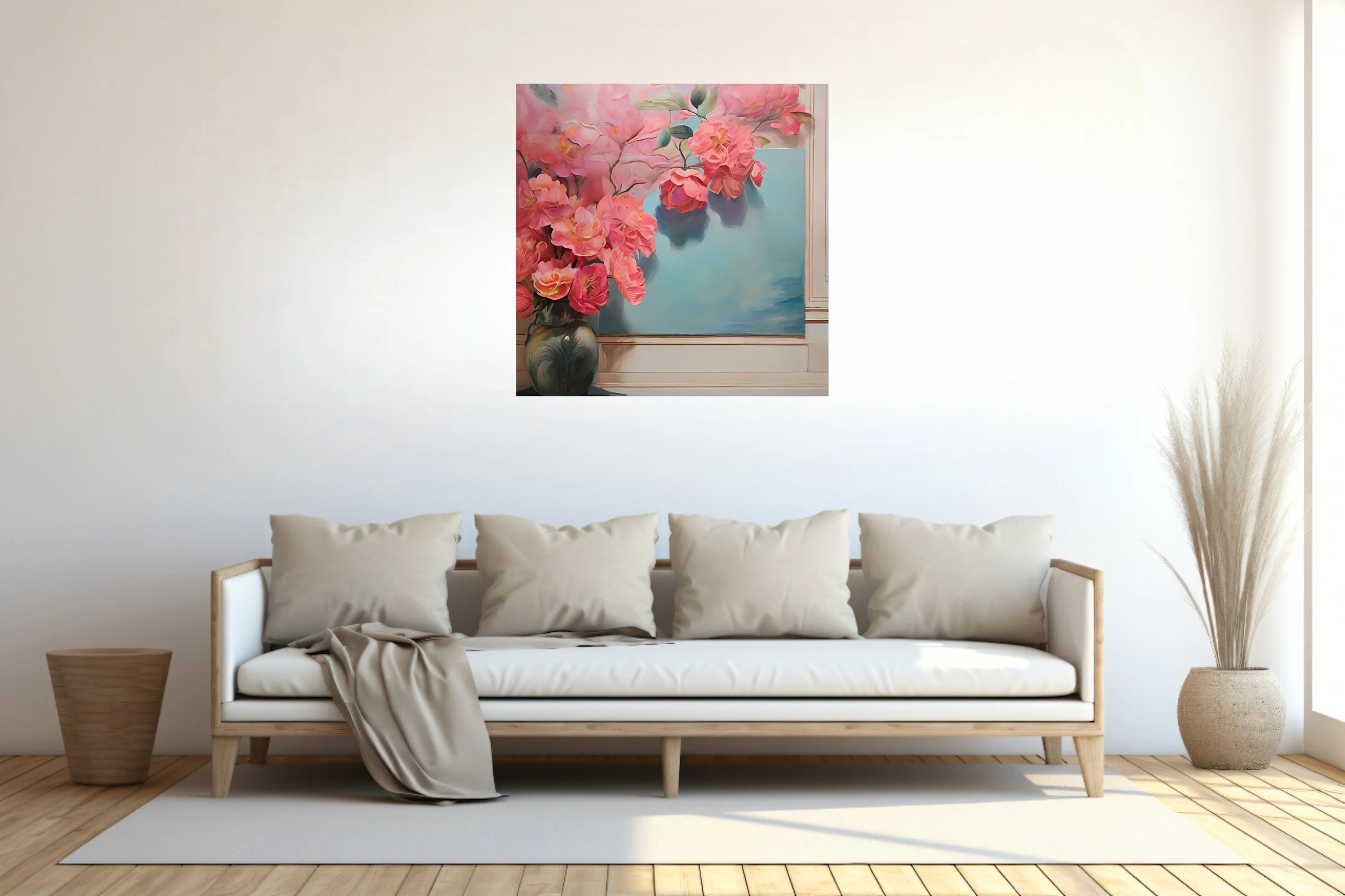 Pink floral still life with coral blooms and soft blue background