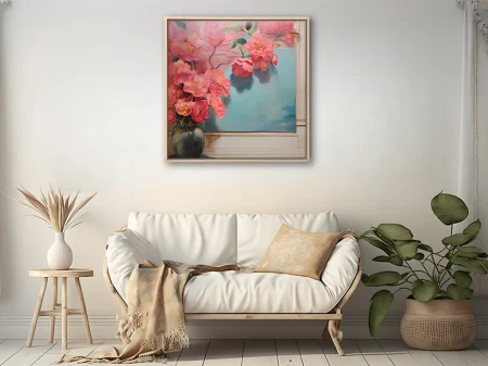 Pink floral still life with coral blooms and soft blue background
