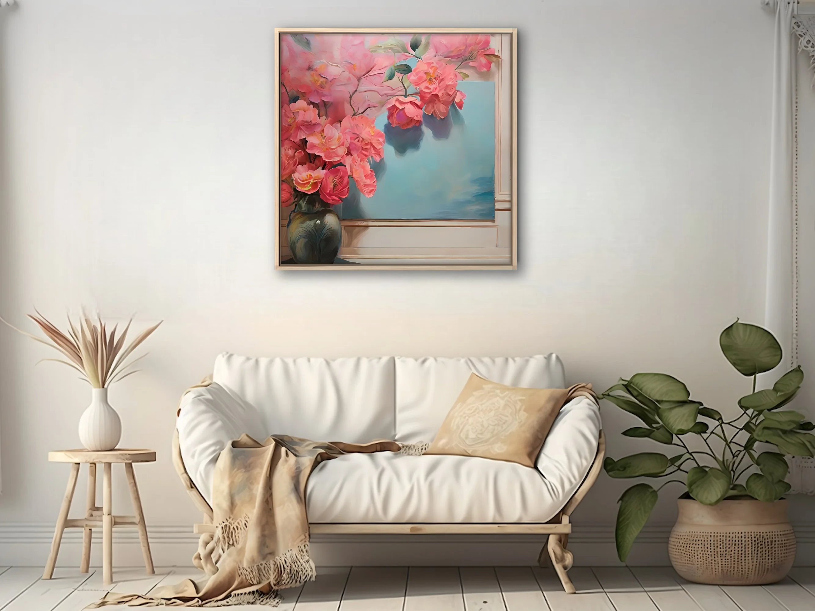 Pink floral still life with coral blooms and soft blue background