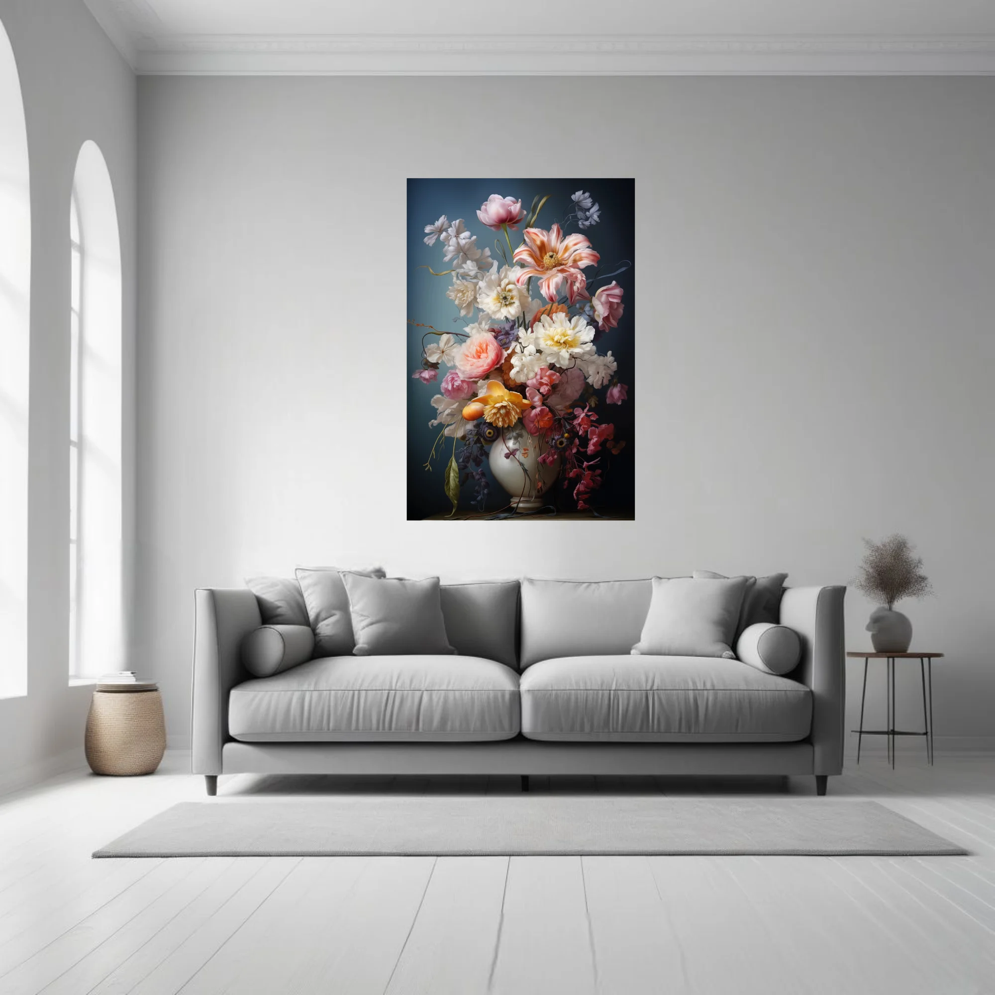 Floral still life with lush pink, white and peach blooms in a white vase
