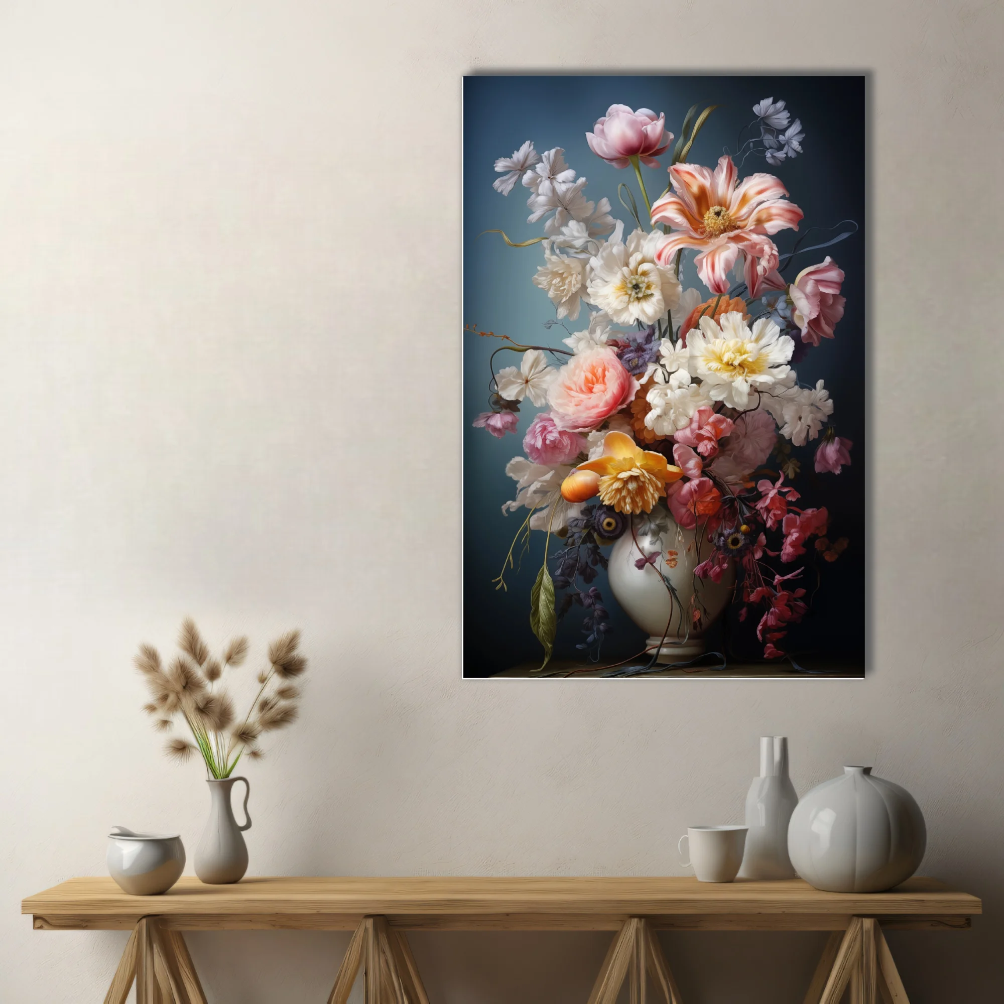 Floral still life with lush pink, white and peach blooms in a white vase