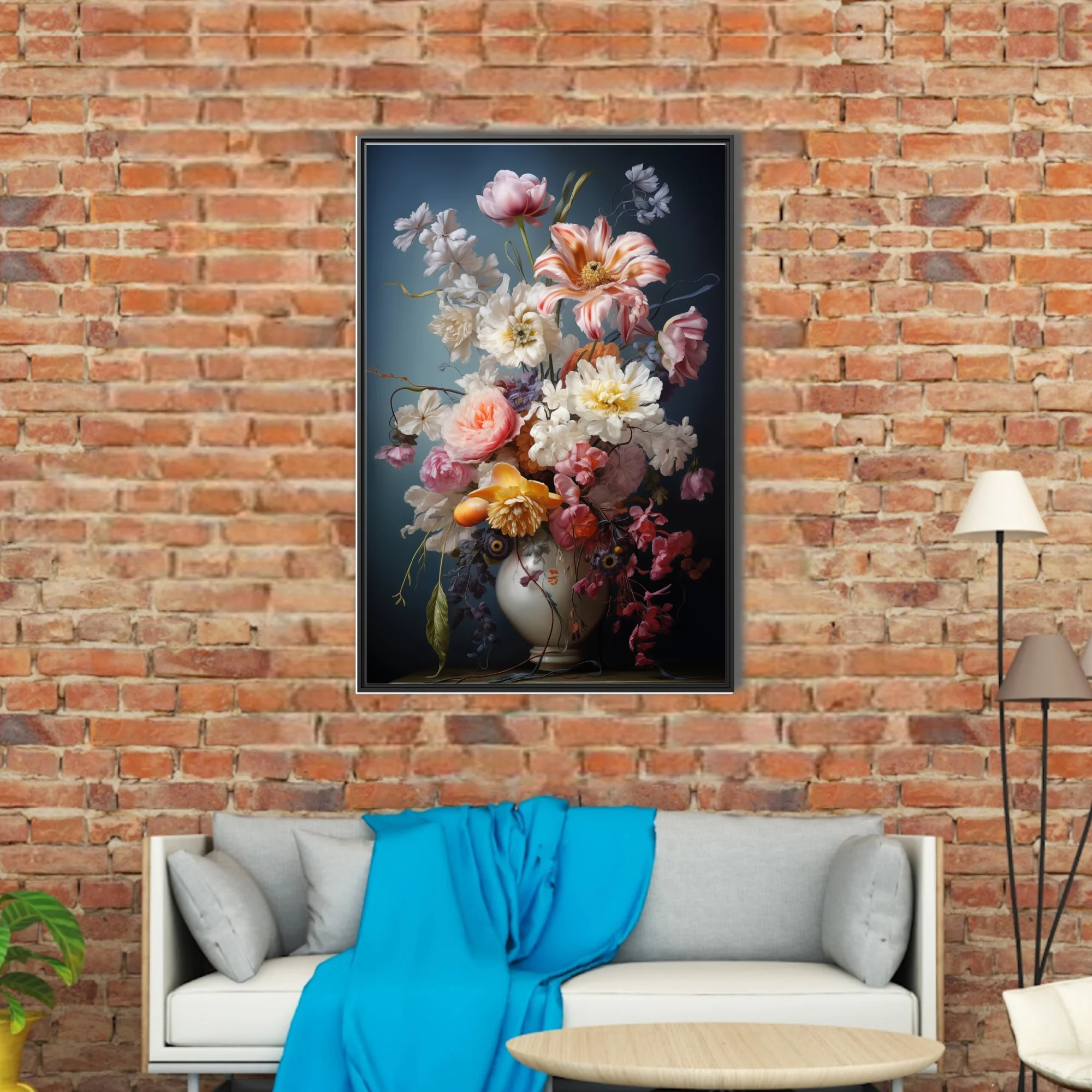 Floral still life with lush pink, white and peach blooms in a white vase