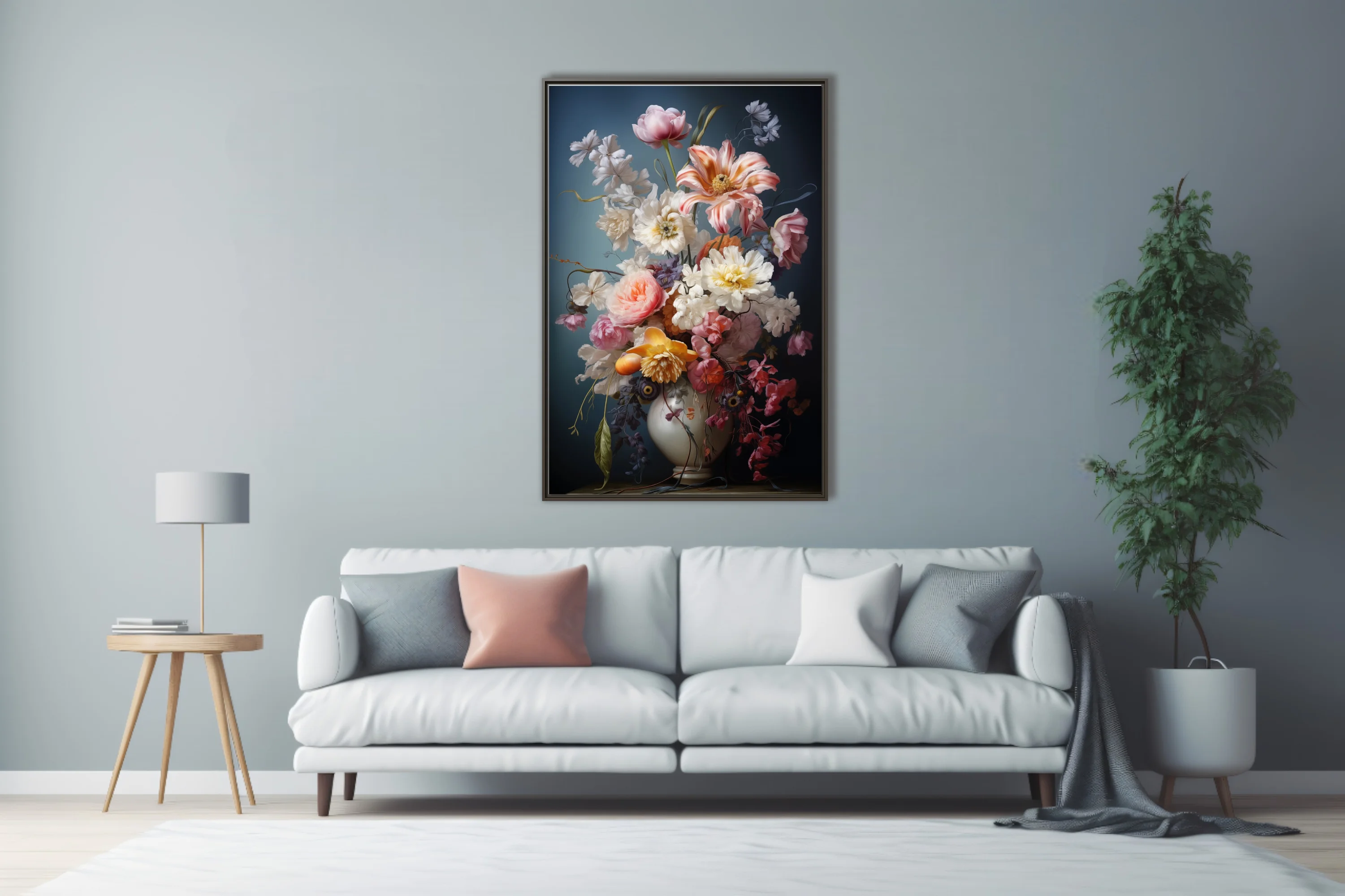 Floral still life with lush pink, white and peach blooms in a white vase