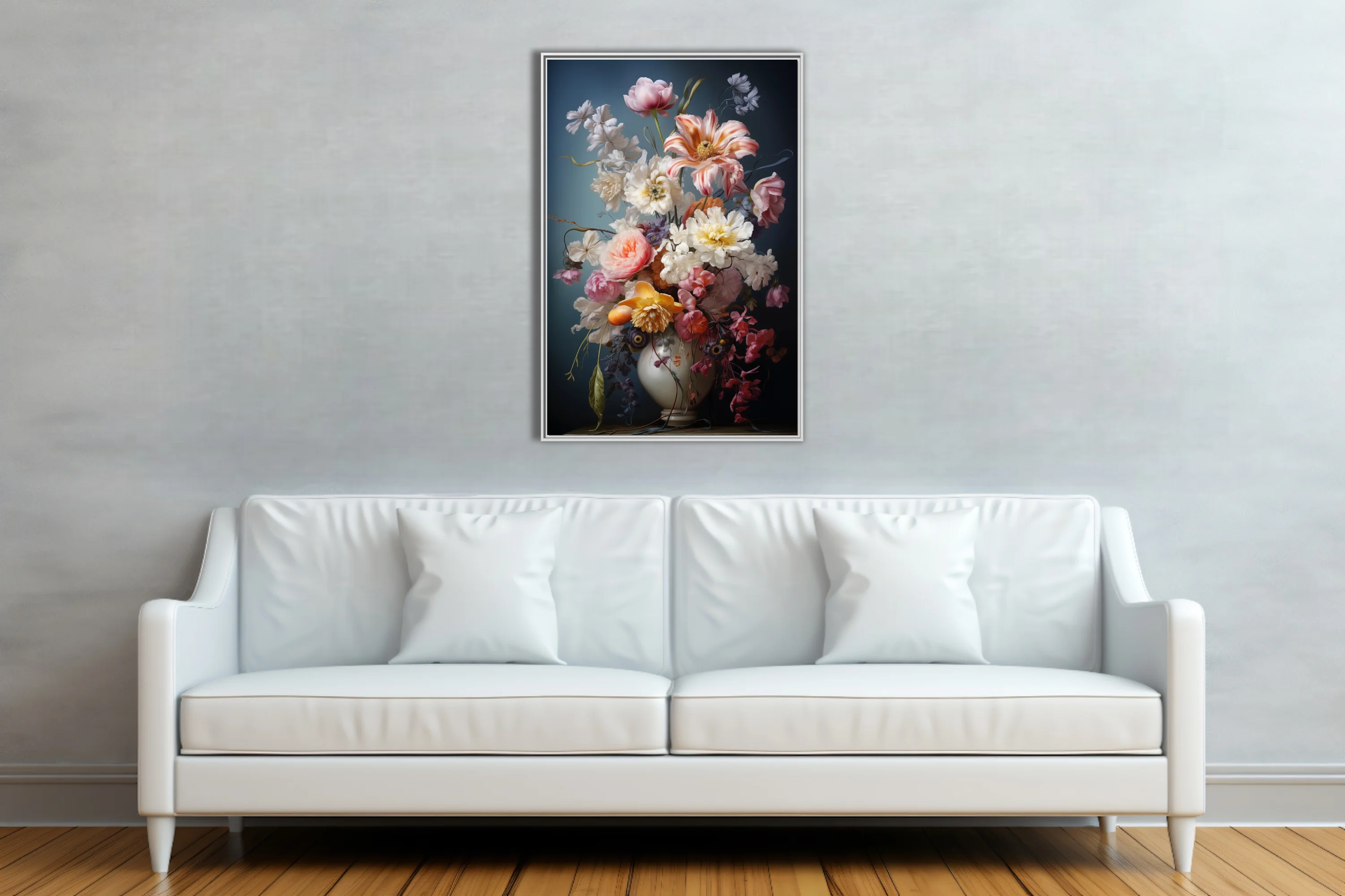 Floral still life with lush pink, white and peach blooms in a white vase
