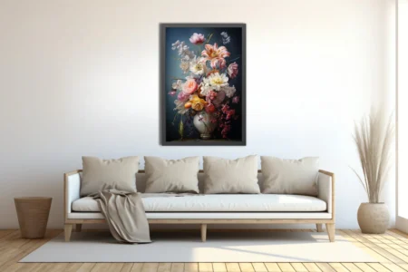 Floral still life with lush pink, white and peach blooms in a white vase