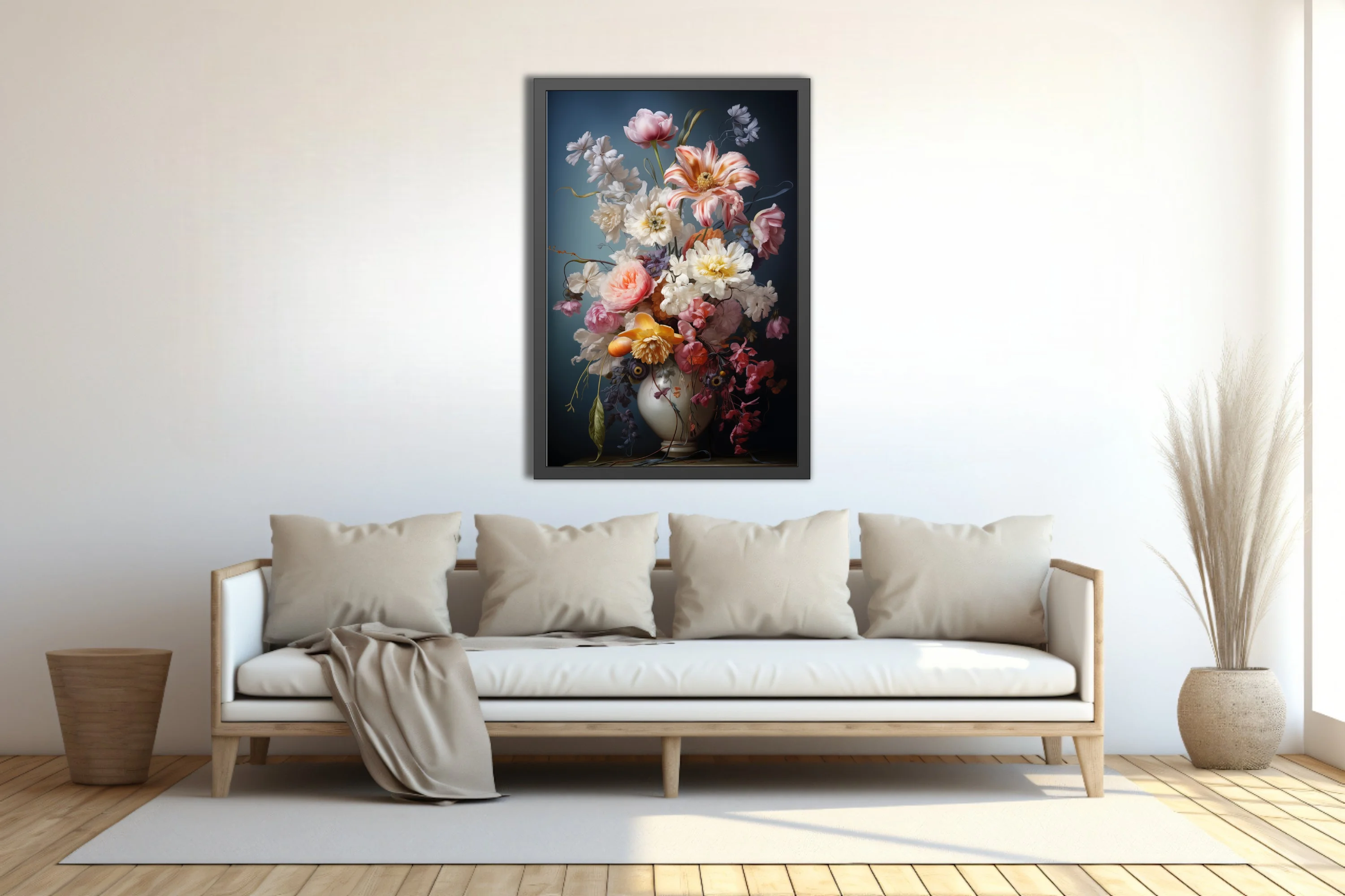 Floral still life with lush pink, white and peach blooms in a white vase