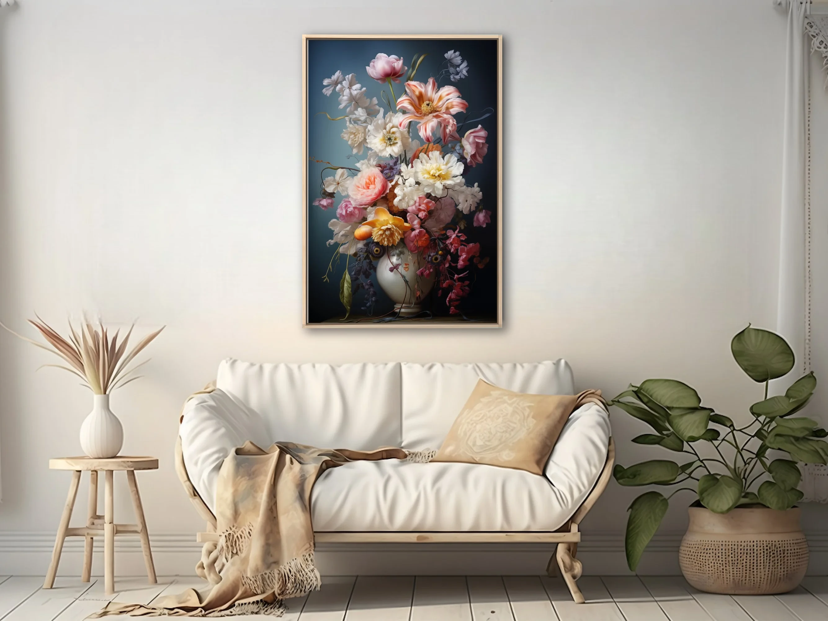 Floral still life with lush pink, white and peach blooms in a white vase