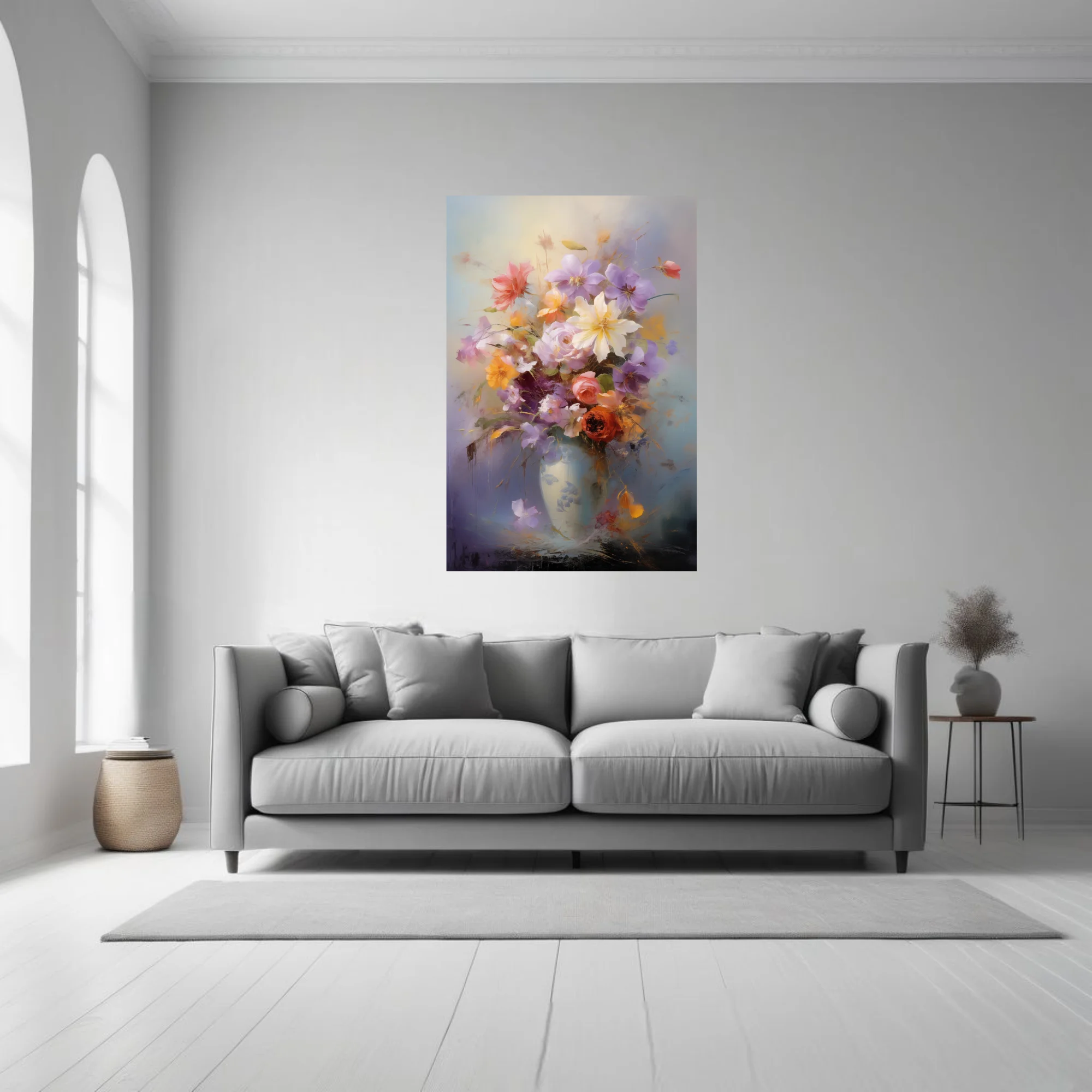 Expressive floral bouquet in a pale vase, lavender coral and cream blooms with painterly drips