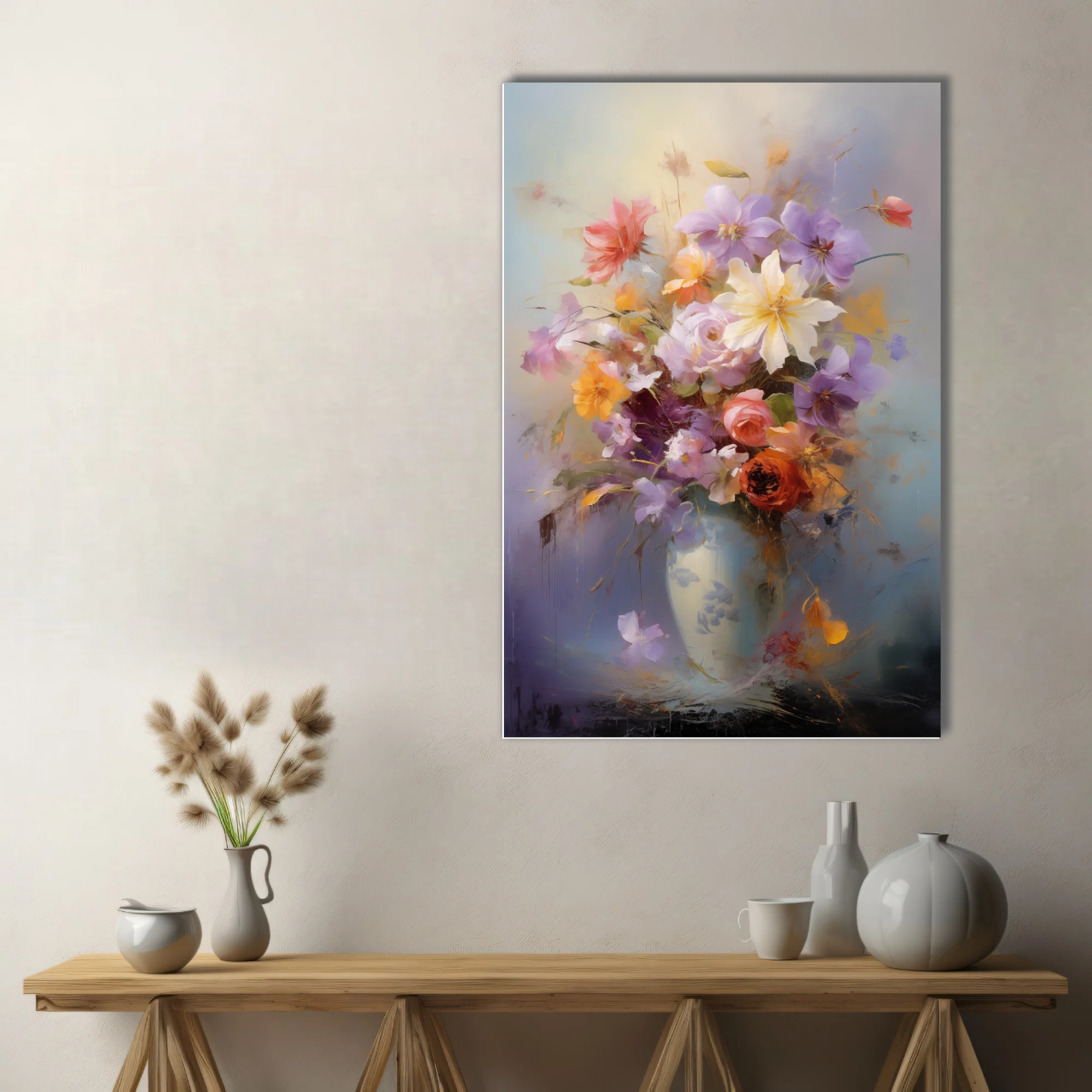 Expressive floral bouquet in a pale vase, lavender coral and cream blooms with painterly drips