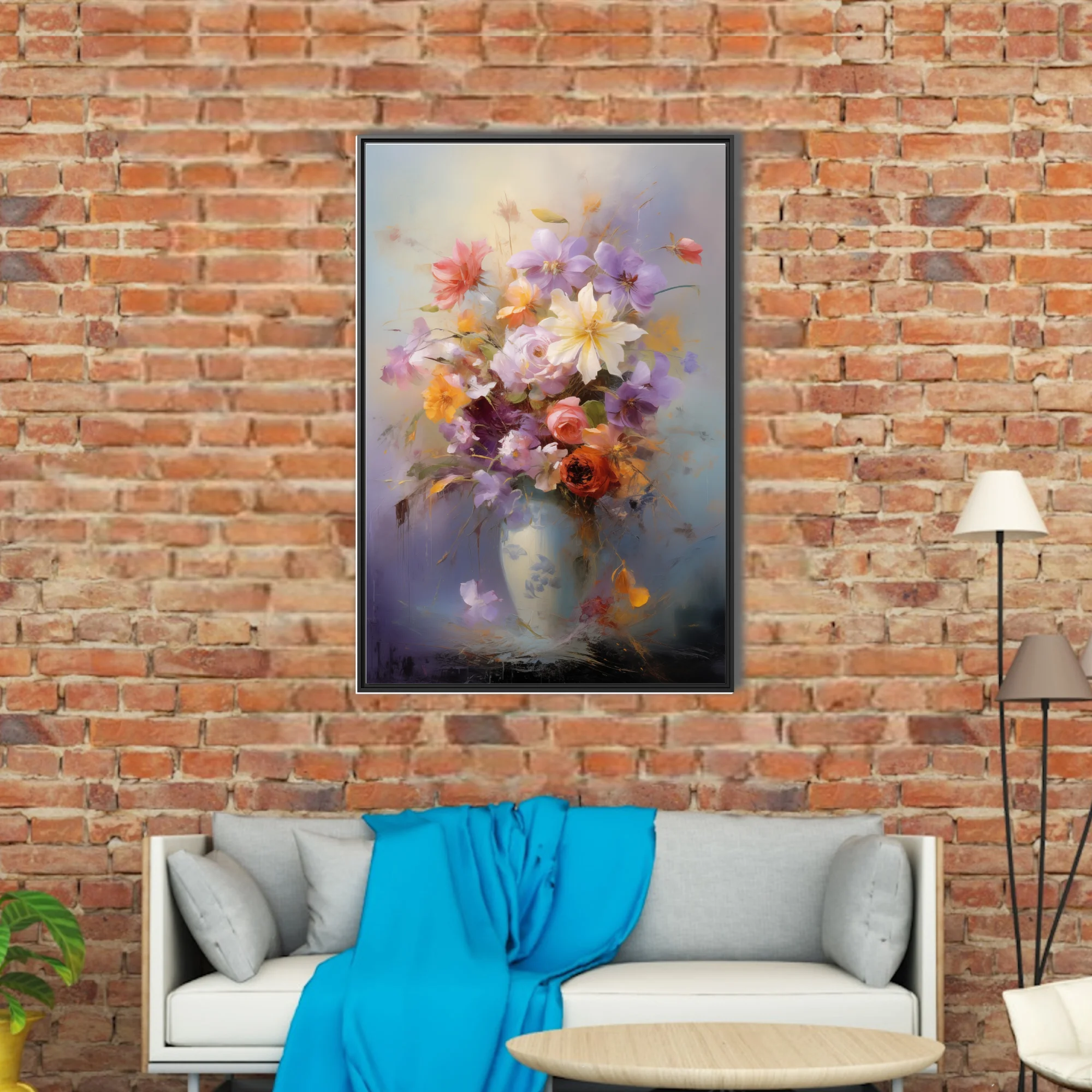 Expressive floral bouquet in a pale vase, lavender coral and cream blooms with painterly drips