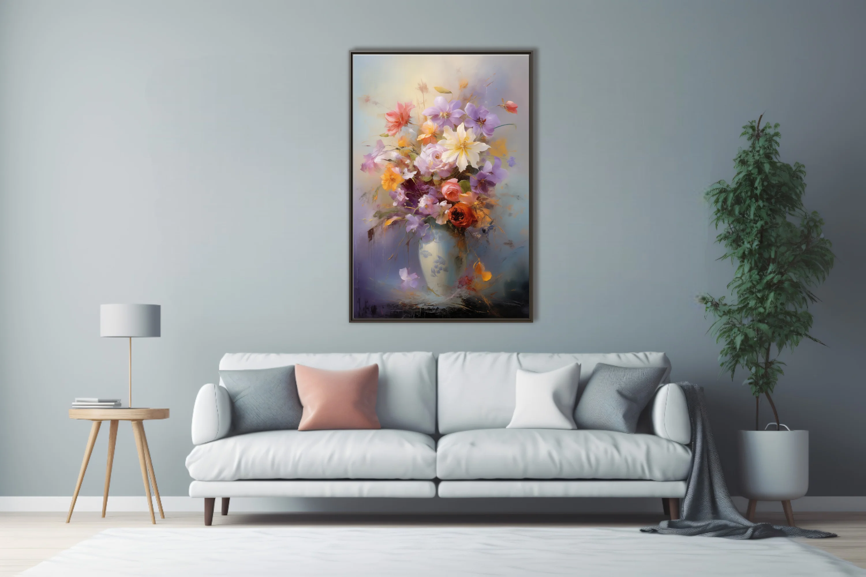 Expressive floral bouquet in a pale vase, lavender coral and cream blooms with painterly drips