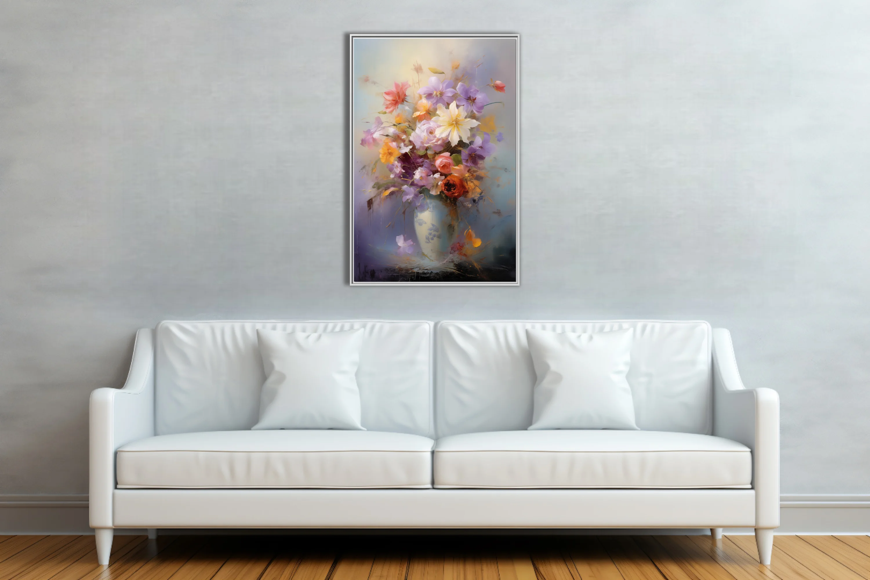 Expressive floral bouquet in a pale vase, lavender coral and cream blooms with painterly drips