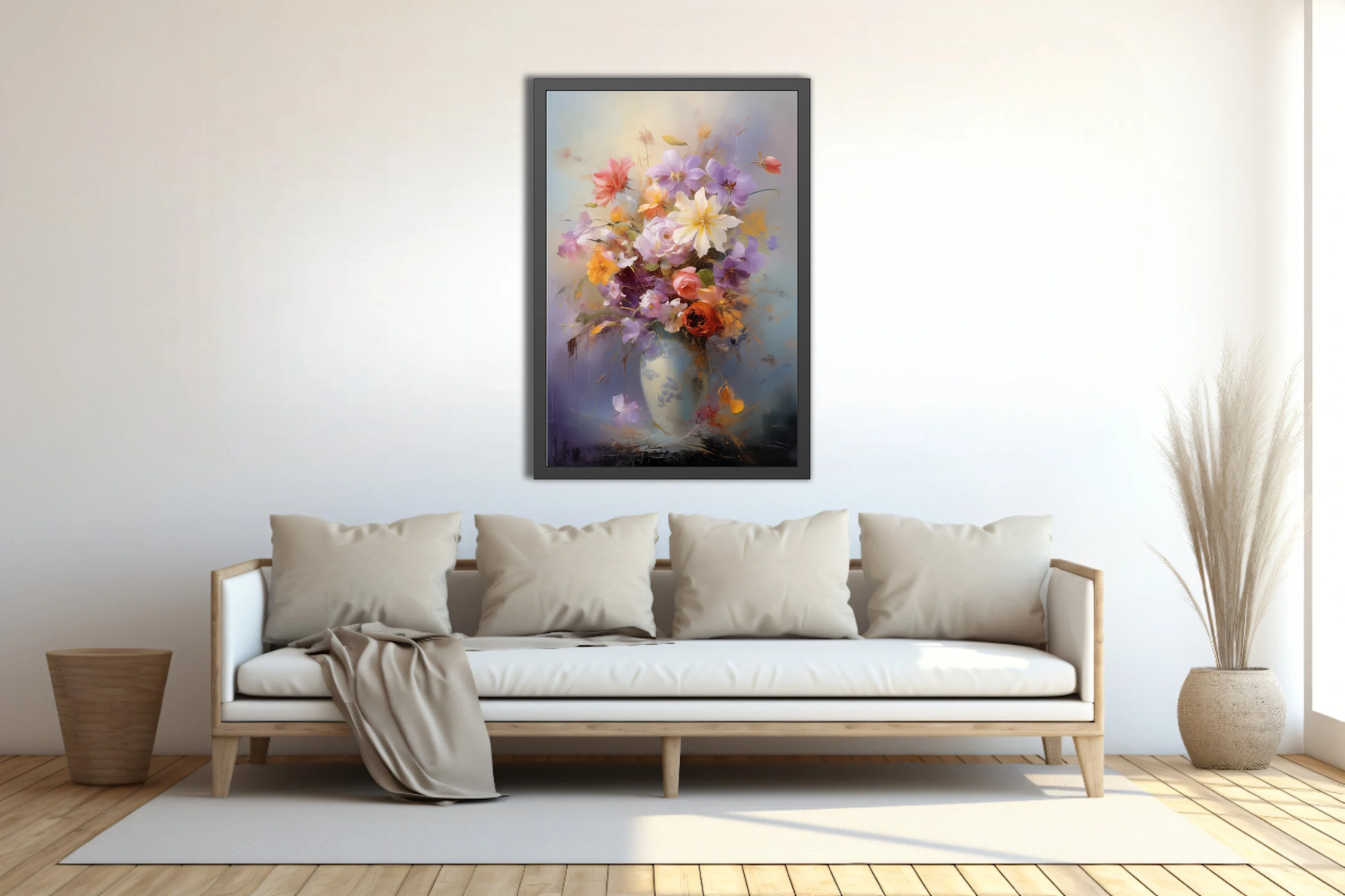 Expressive floral bouquet in a pale vase, lavender coral and cream blooms with painterly drips