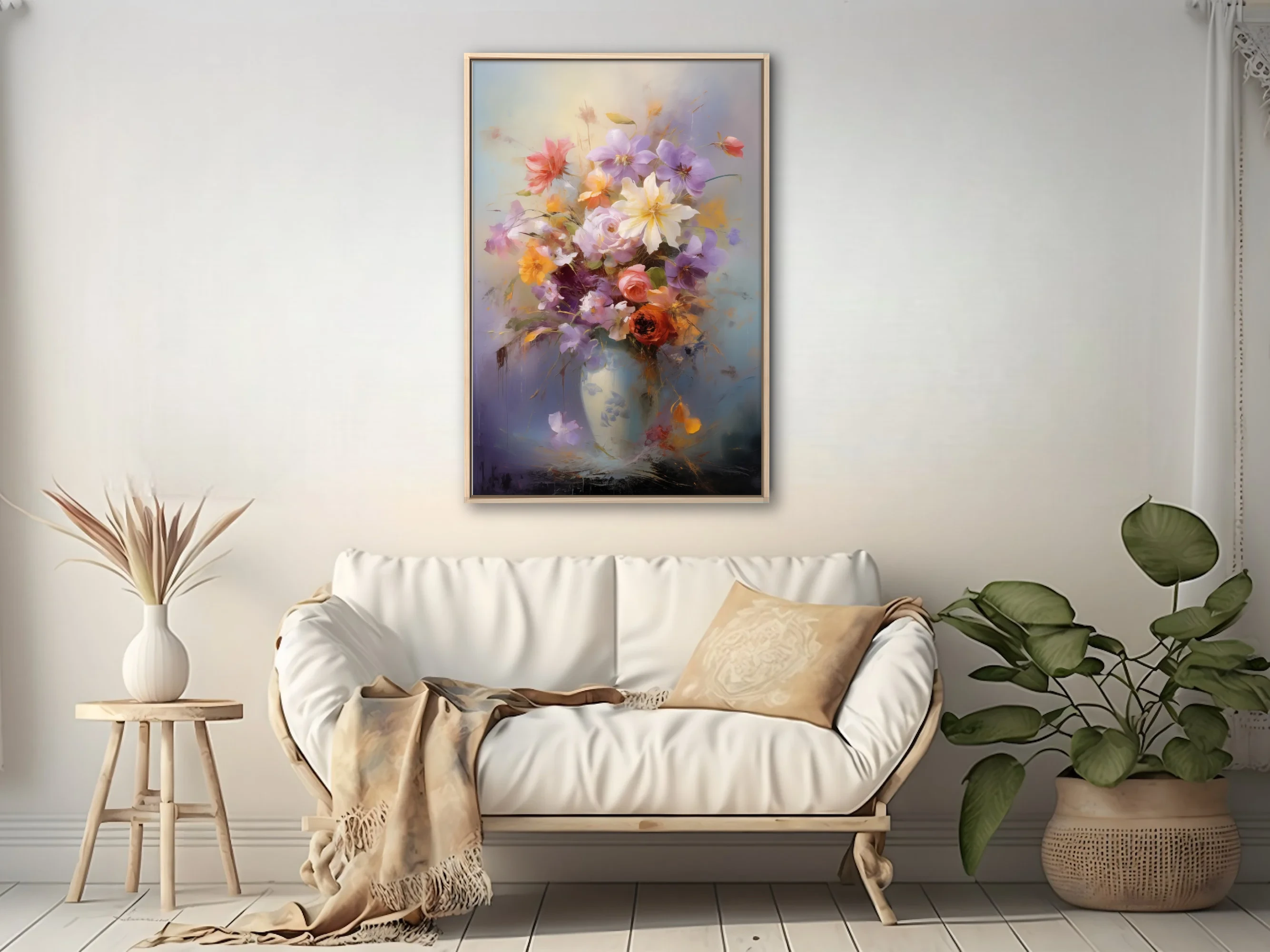 Expressive floral bouquet in a pale vase, lavender coral and cream blooms with painterly drips
